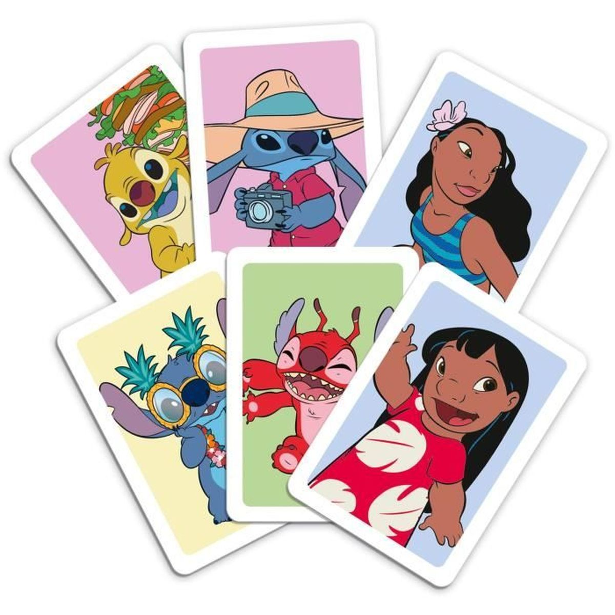 Diverse carte colorate con i personaggi di Lilo & Stitch. Stitch, Lilo e altri alieni sono raffigurati in varie pose e abiti.