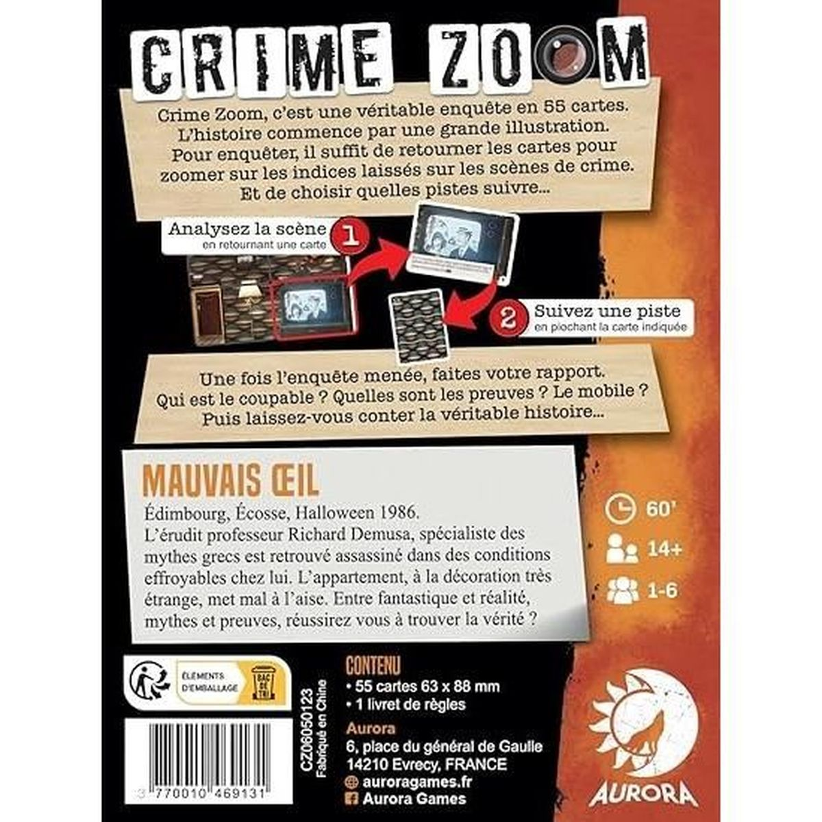 Spielbox mit dem Text 'Crime Zoom'. Enthält französischen Text, darunter 'Mauvais Œil', und Spielinformationen.