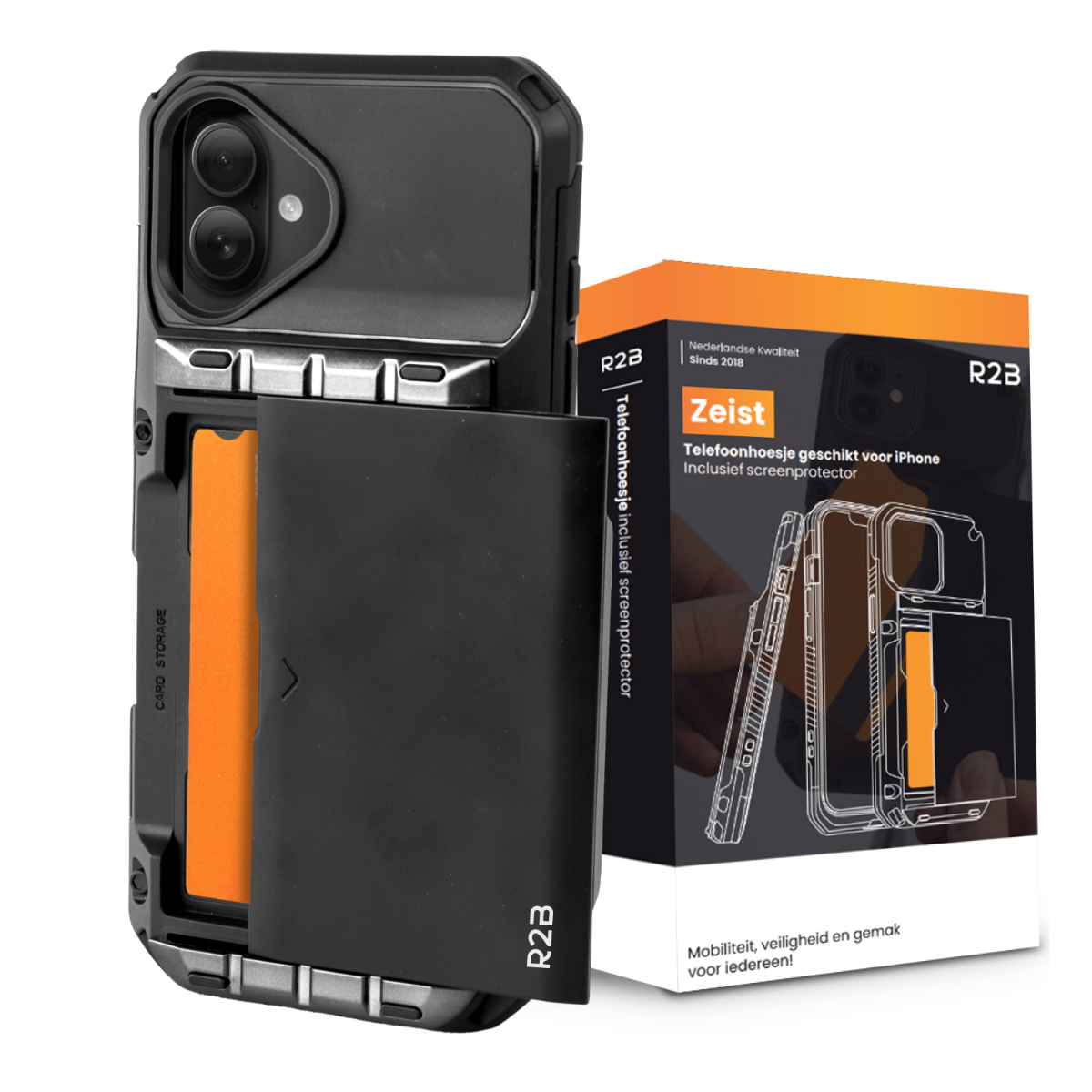 Zwarte telefoonhoes met kaarthouder, oranje kaart en een productdoos. De doos heeft tekst in het Nederlands en een afbeelding van de hoes.