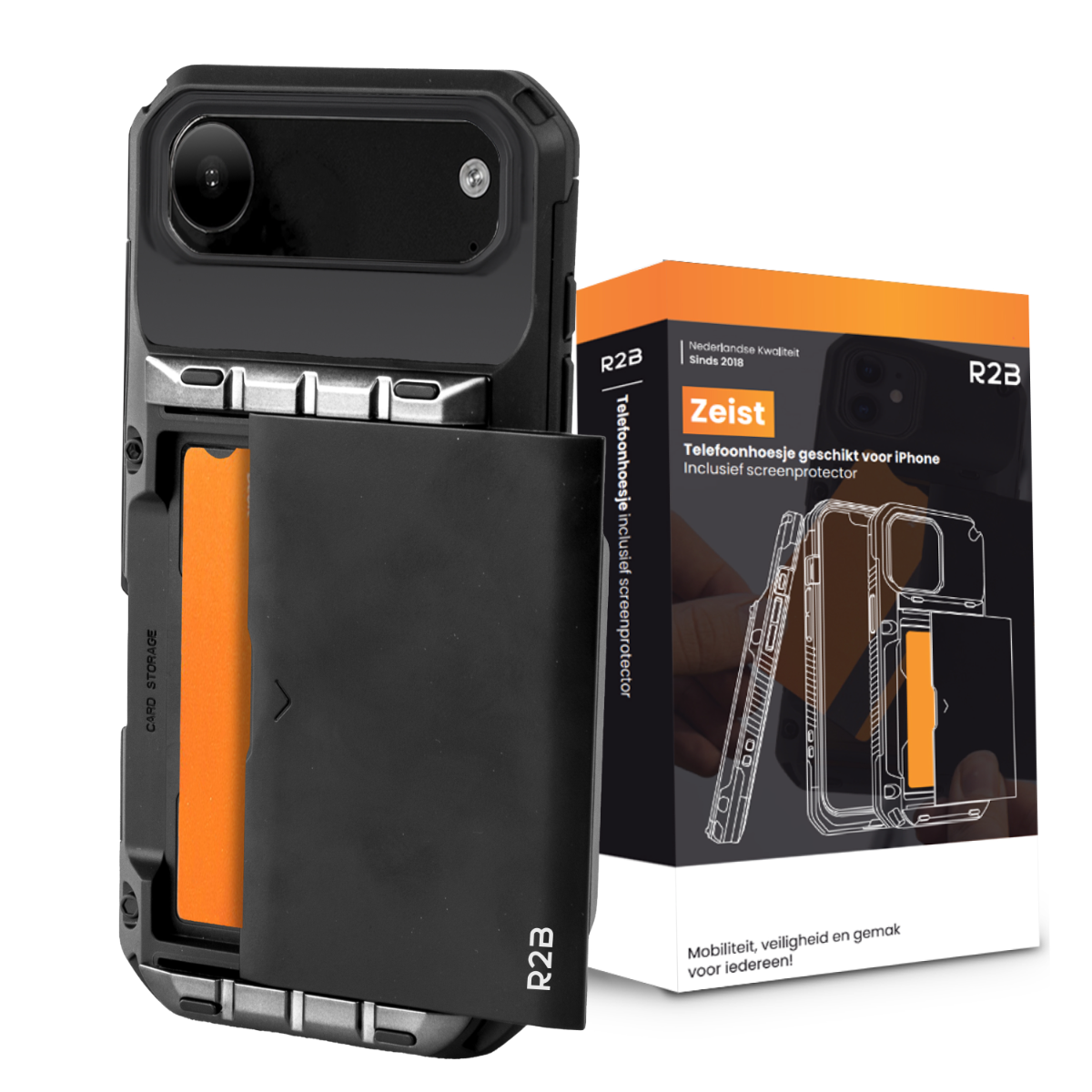 Coque de téléphone noire avec rangement pour cartes, ouverte. Carte orange à l'intérieur. Boîte avec image de coque, texte néerlandais et logo R2B.