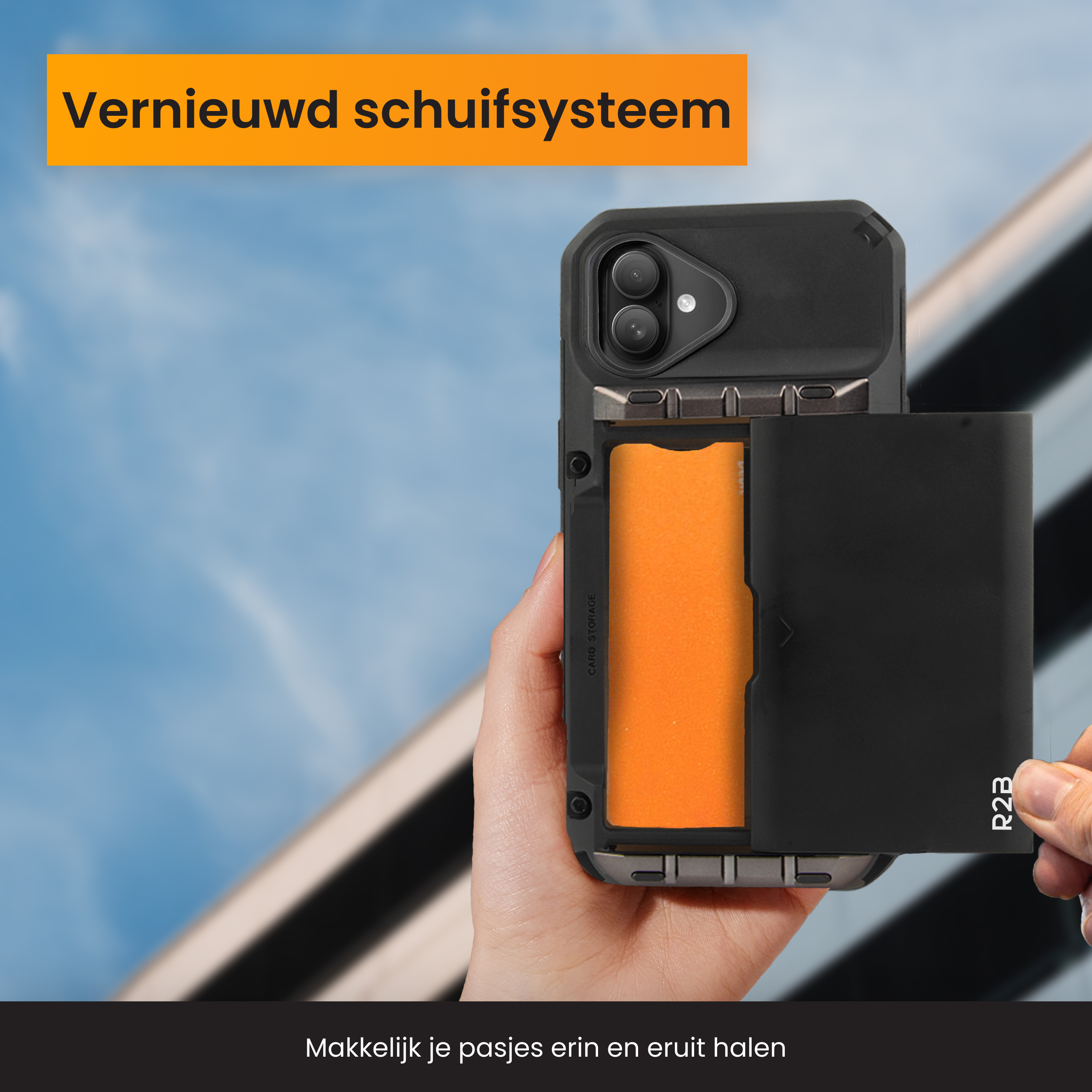 Hand die een zwarte telefoonhoes vasthoudt met een kaarthouder. Oranje kaart binnenin. Tekst bovenaan. Blauwe hemel achtergrond.