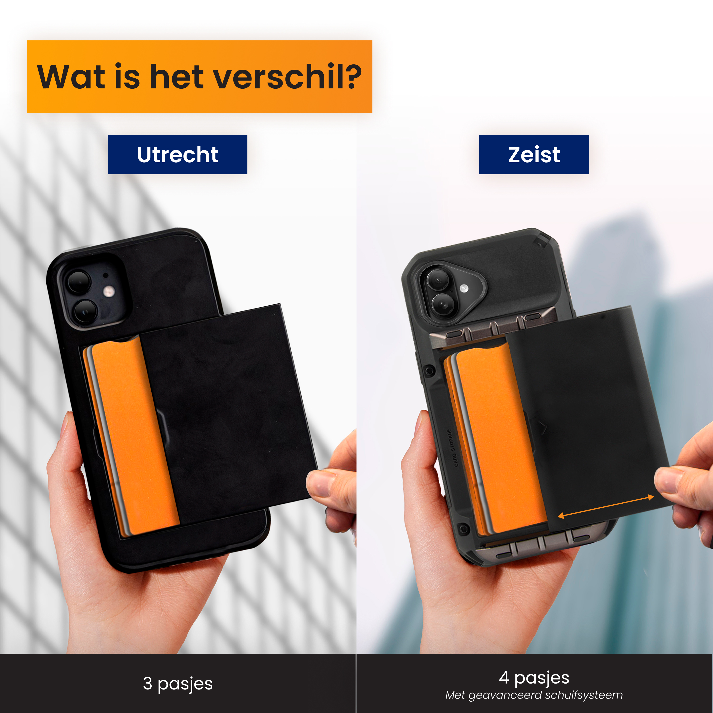 Afbeelding toont twee telefoons met kaarthouders. Eén heeft 3 kaarten, de andere 4. Tekst zegt: "Wat is het verschil?"