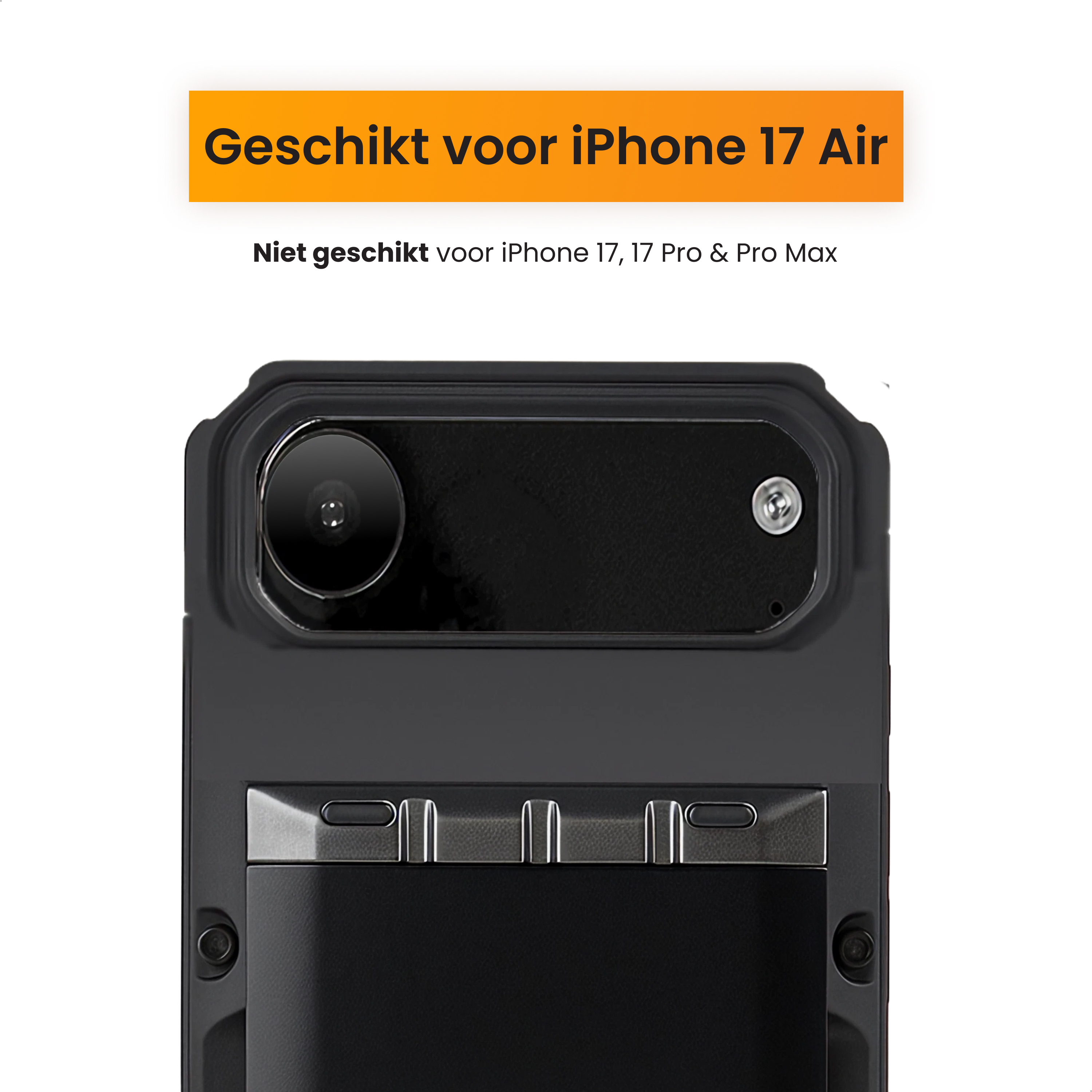 Coque de téléphone noire avec découpe caméra et texte. La bannière orange dit 'Convient pour iPhone 17 Air'.