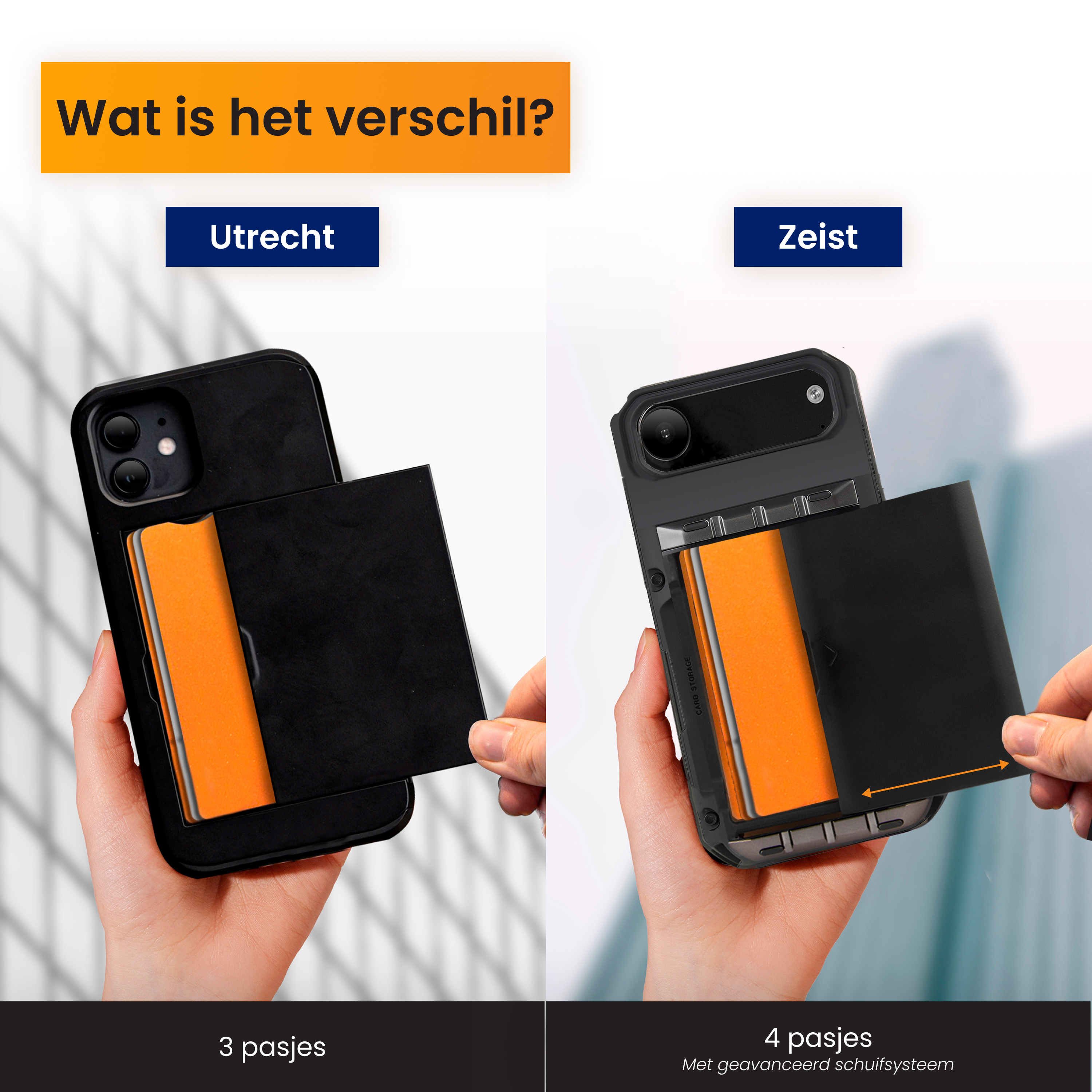 L'image montre deux téléphones avec rangement de cartes. L'un contient 3 cartes, l'autre 4. Étiquettes : Utrecht et Zeist.