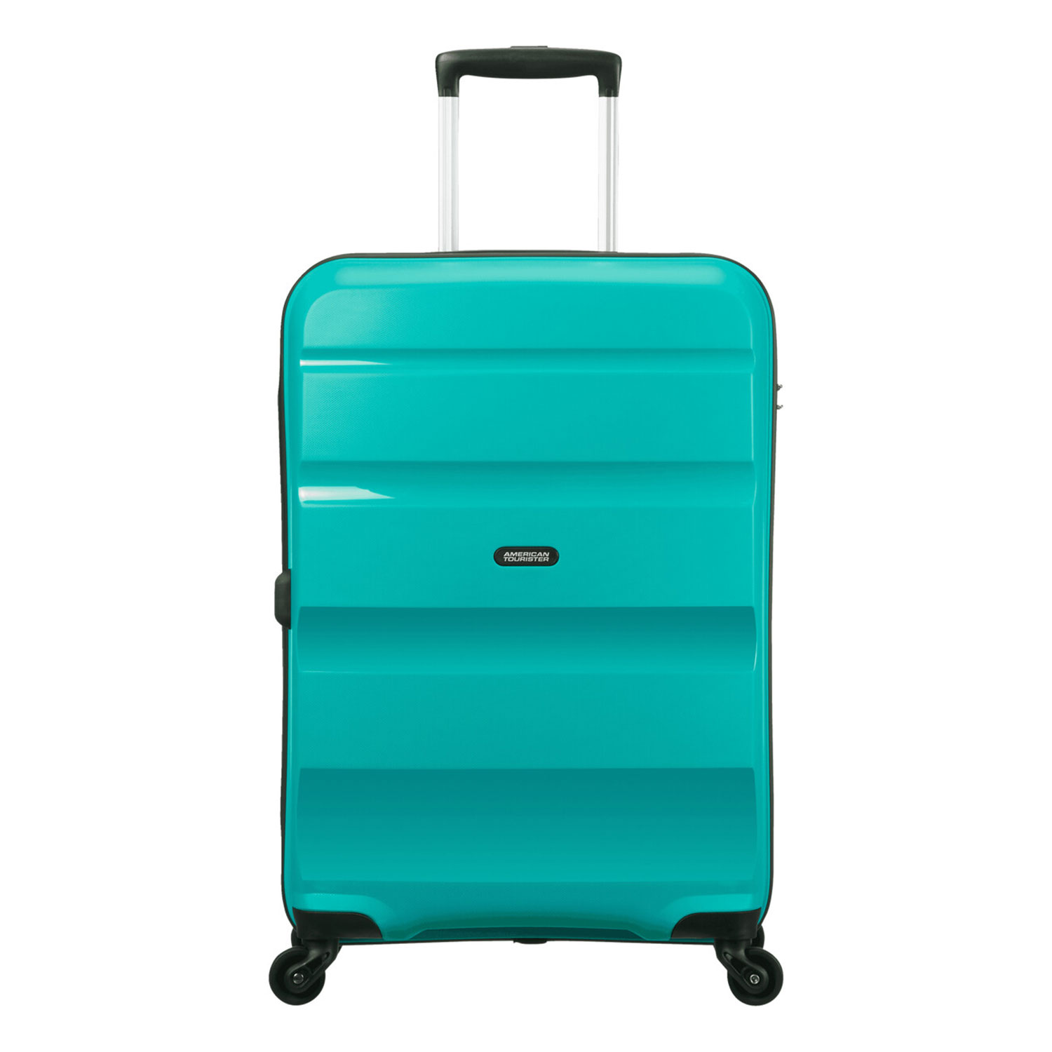 Una valigia con ruote American Tourister turchese su sfondo bianco. Ha un manico retrattile e quattro ruote.