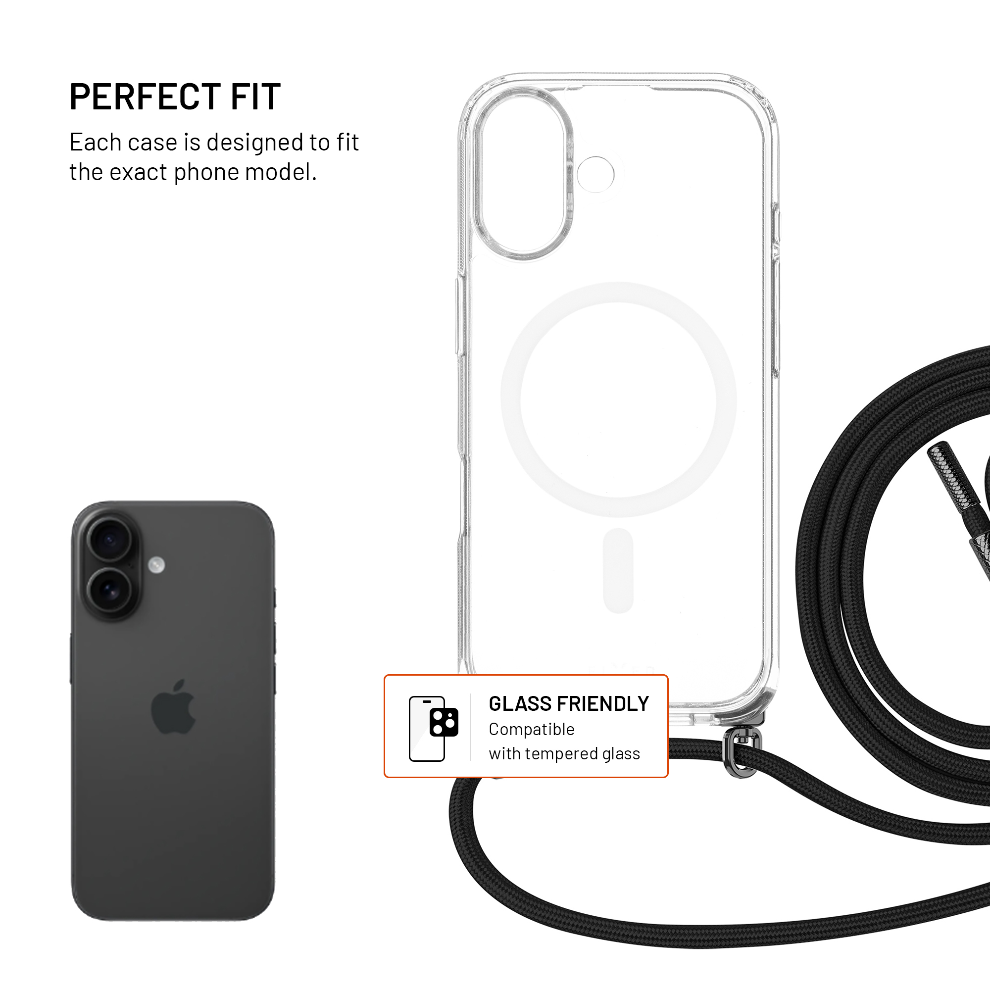 Eine transparente Handyhülle mit schwarzem Umhängeband. Links ist ein schwarzes iPhone. Text: 'Perfekte Passform'.