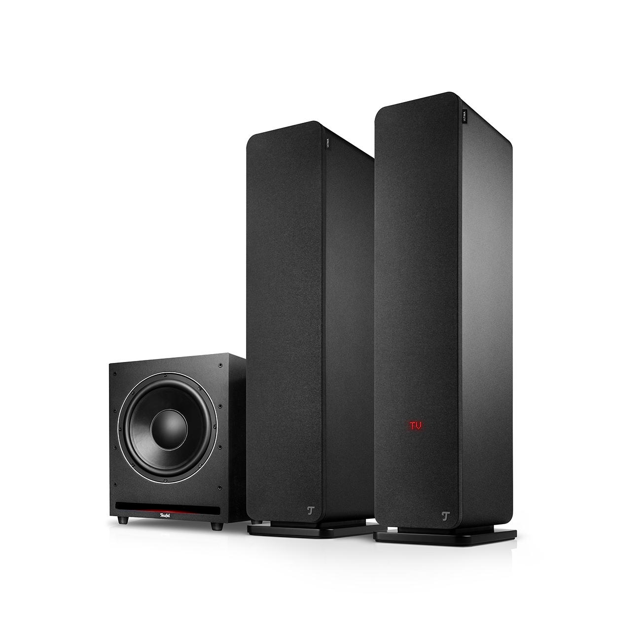 Ein schwarzes Lautsprechersystem. Ein Subwoofer und zwei hohe Lautsprecher. Die Lautsprecher haben den Markennamen rot angezeigt. Alle sind schwarz.