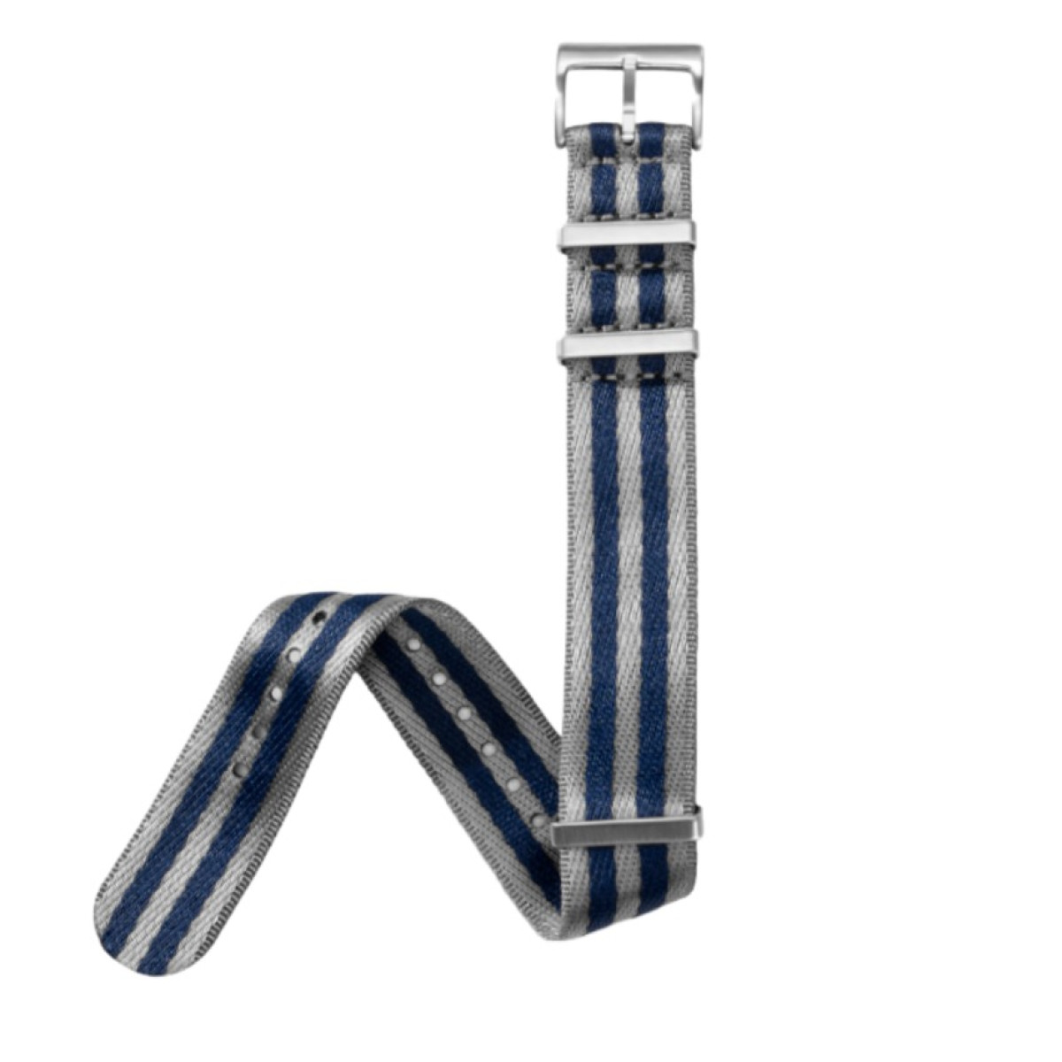 Ein blau-grau gestreiftes Uhrenarmband mit Metallschnallen. Der Riemen ist in 'N'-Form vor weißem Hintergrund gebogen.