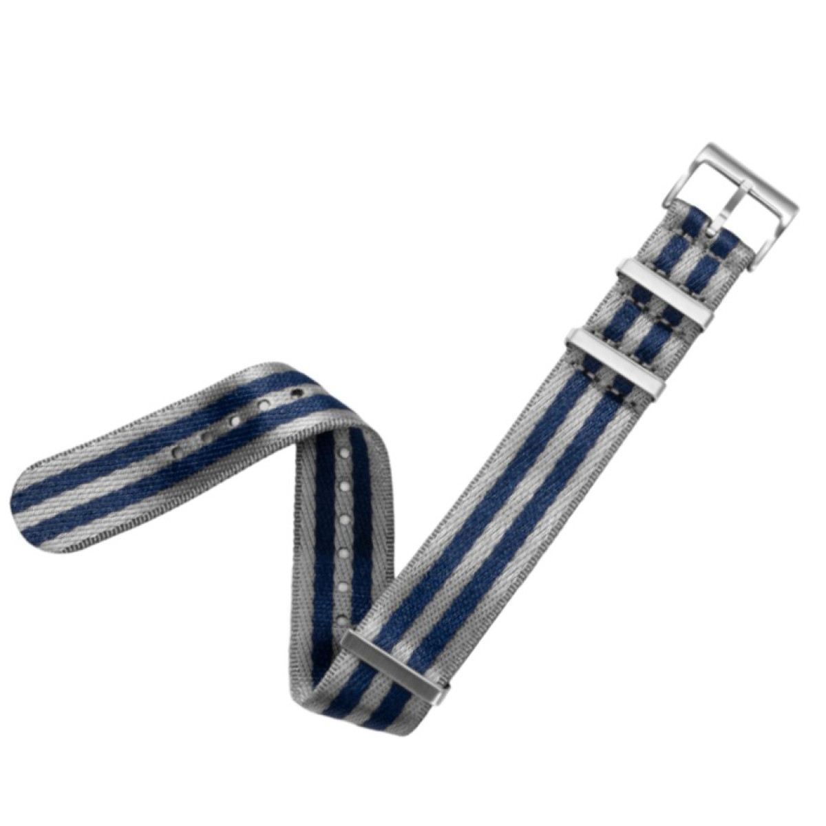 Ein gestreiftes Uhrenarmband in Blau und Grau mit einer silbernen Schnalle wird vor weißem Hintergrund gezeigt.
