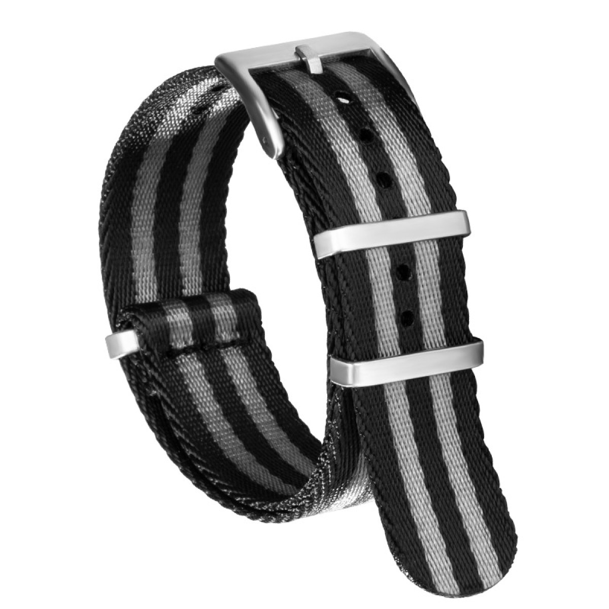 Ein schwarz-grau gestreiftes Uhrenarmband mit silbernen Metallschnallen. Das Armband ist gebogen. Der Hintergrund ist einfarbig weiß.