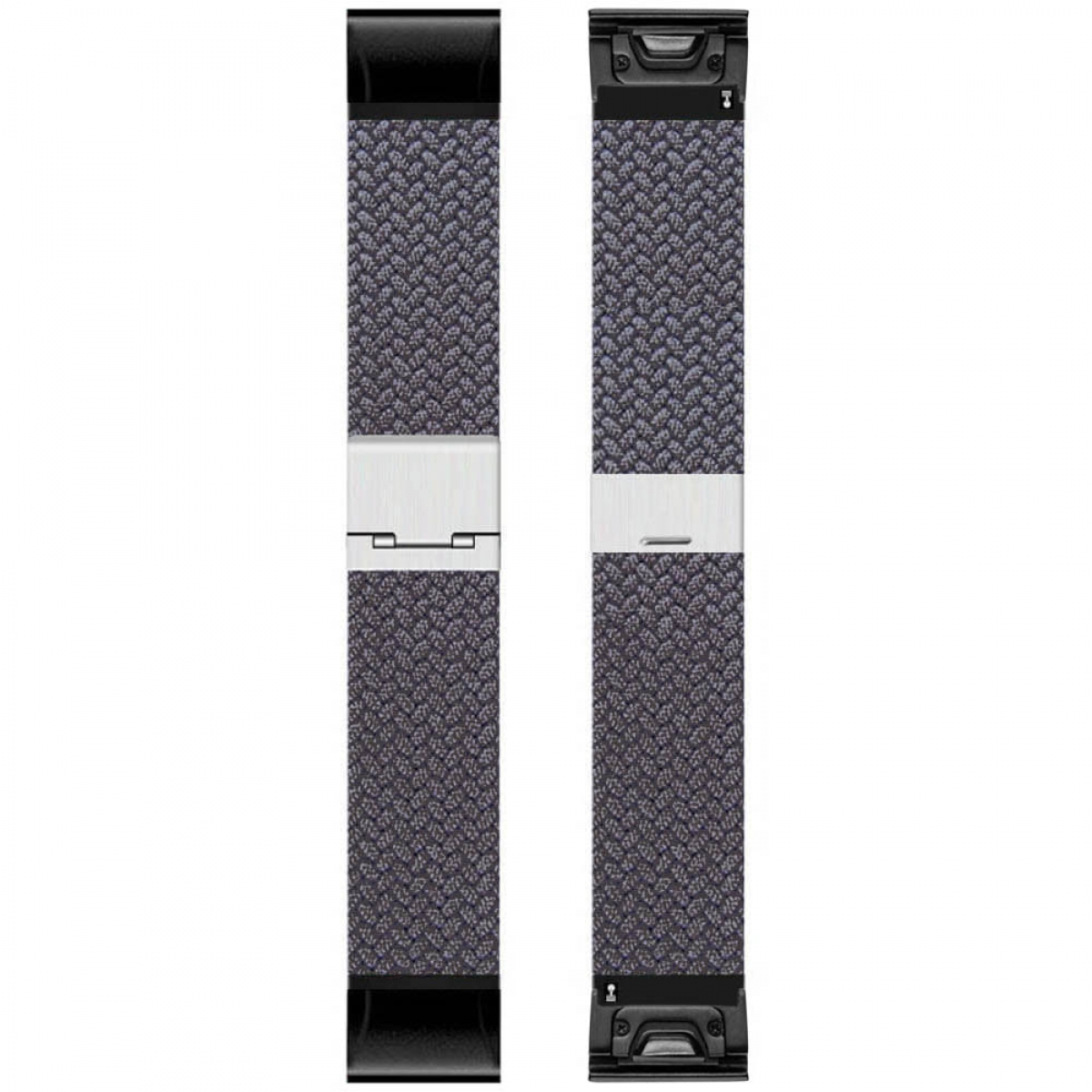 Zwei nebeneinander liegende Uhrenarmbänder. Jedes hat ein dunkles, gewebtes Band, schwarze Enden und eine silberne Schließe. Weißer Hintergrund.
