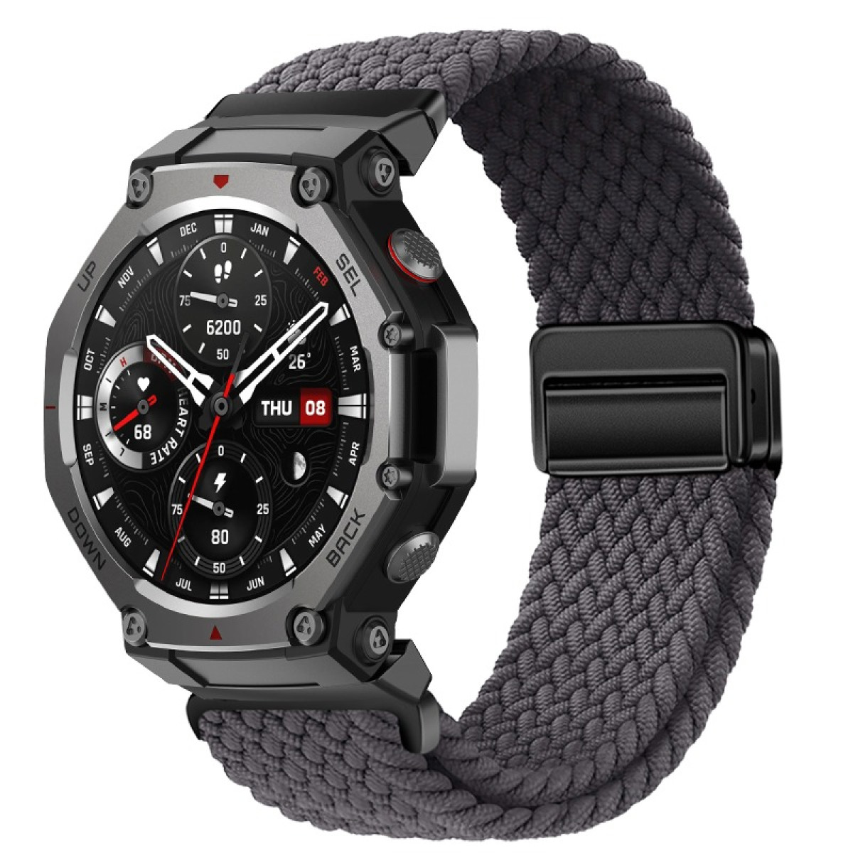 Eine schwarz-graue Smartwatch mit einem strukturierten grauen Armband. Das Zifferblatt zeigt Daten wie Uhrzeit und Herzfrequenz an.