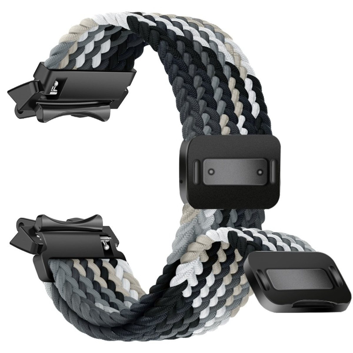 Geflochtenes Uhrenarmband in Grau-, Weiß- und Schwarztönen. Es hat schwarze Metallschnallen und -verbinder. Das Armband ist gebogen.