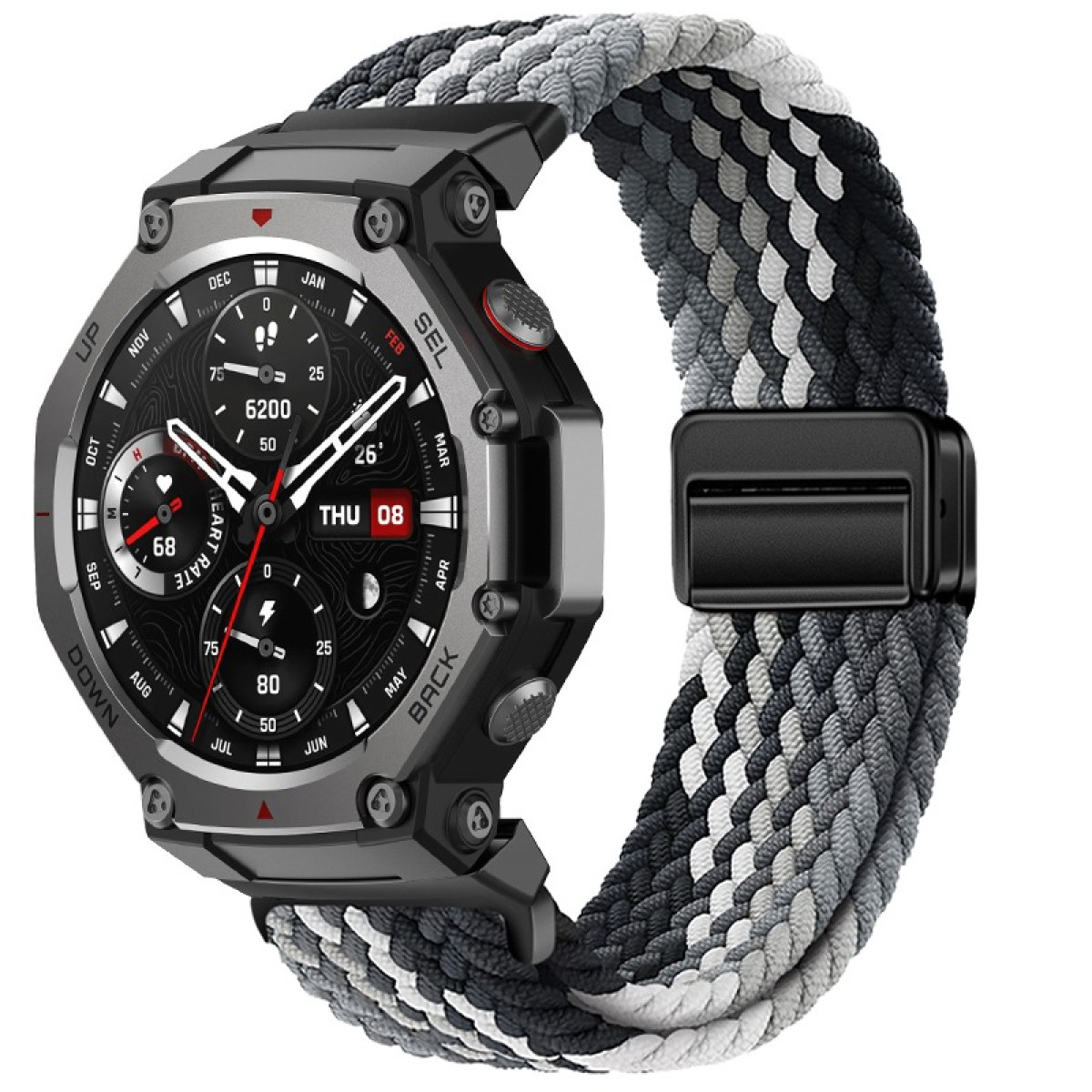 Eine schwarze Smartwatch mit einem grau-weiß geflochtenen Armband. Das Zifferblatt zeigt Daten an. Das Armband hat einen schwarzen Verschluss.