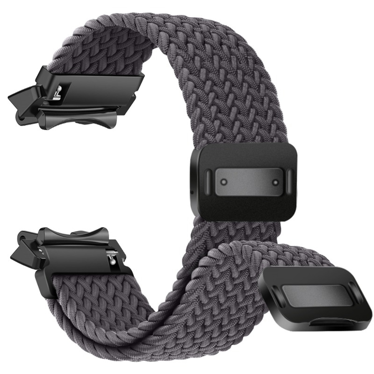 Graues geflochtenes Uhrenarmband mit schwarzen Steckern. Das Armband ist geschlungen und zeigt die Schließe und die Stecker im Detail.