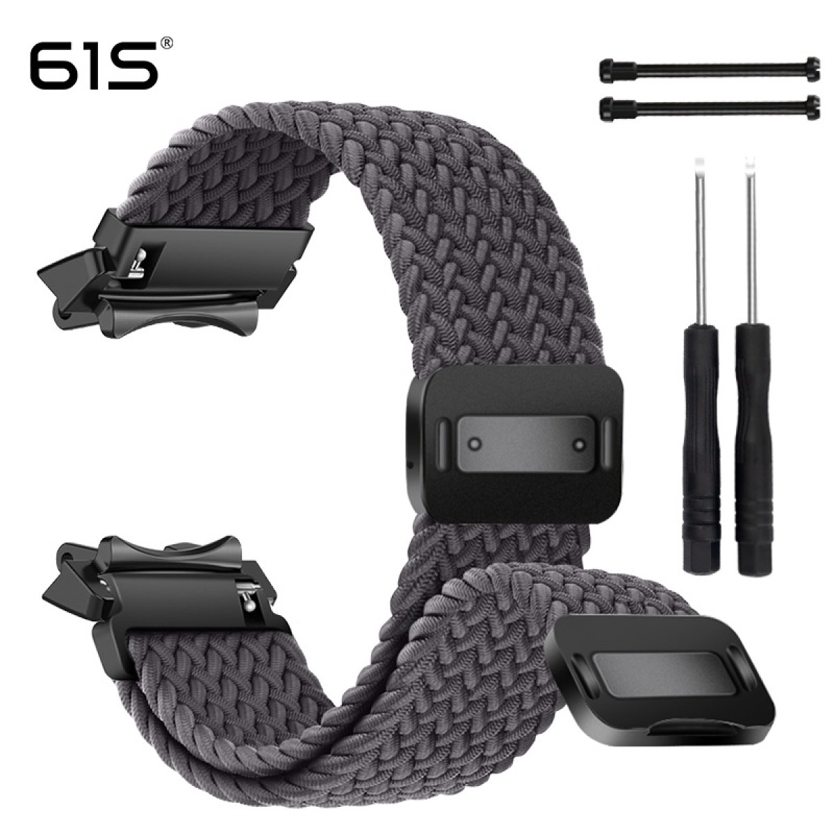 Ein graues geflochtenes Uhrenarmband mit schwarzen Verschlüssen und Zubehör, einschließlich Schraubendrehern und Stiften, vor weißem Hintergrund.