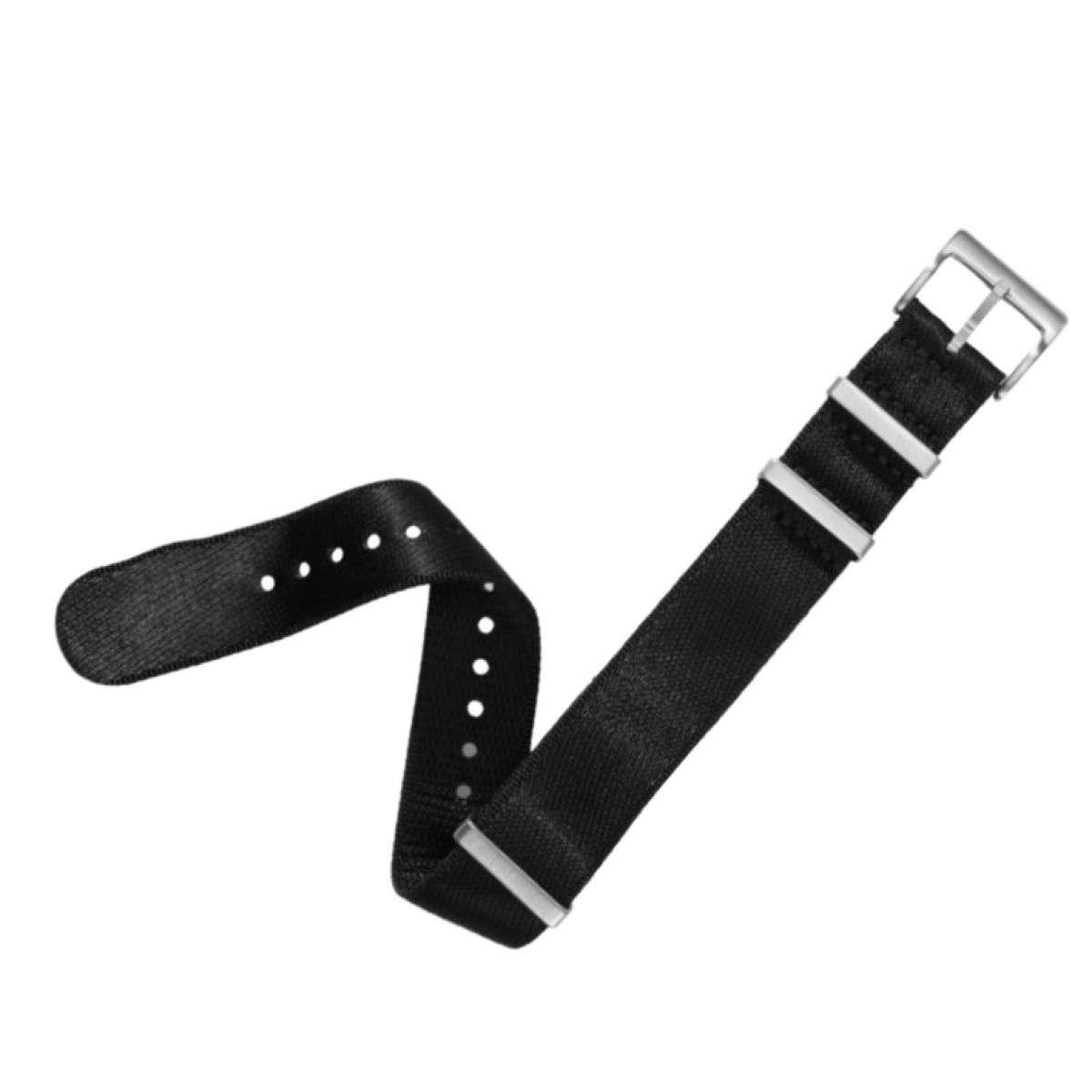 Ein schwarzes Uhrenarmband mit silberner Schnalle und Schlaufen. Es hat mehrere Löcher und ein gebogenes Design, vor weißem Hintergrund.