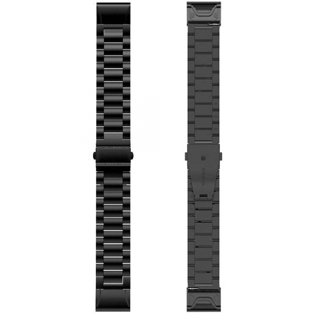 Zwei schwarze Uhrenarmbänder. Eines ist mit einem Verschluss verbunden, das andere zeigt eine Schnalle und einen Verschluss.
