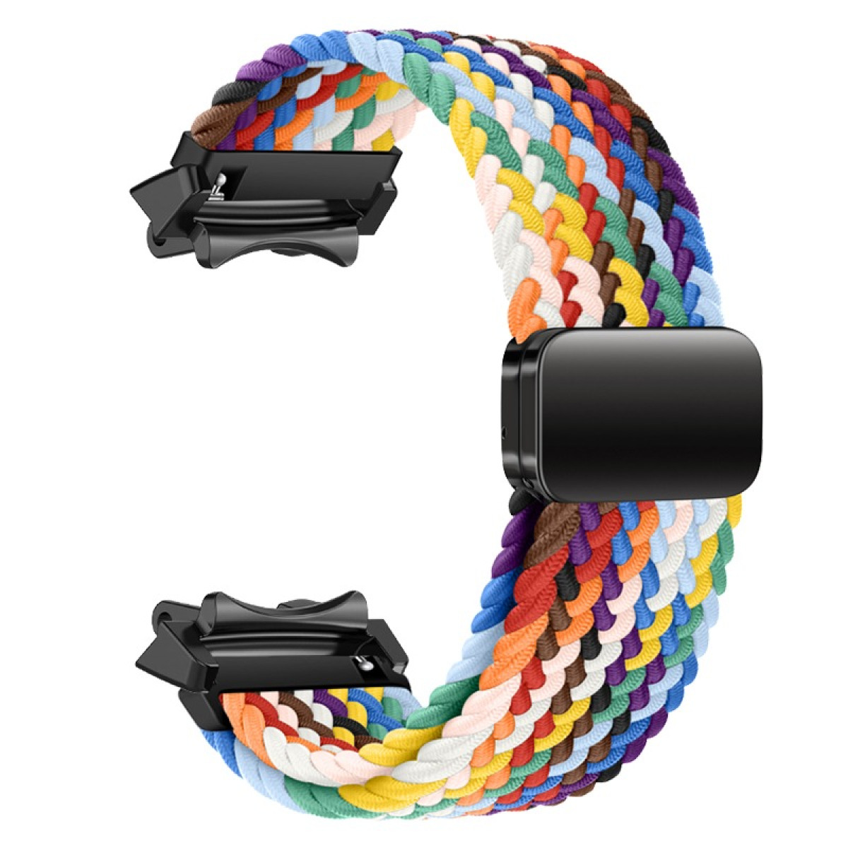 Un cinturino per orologio intrecciato multicolore con chiusure nere e una chiusura magnetica nera. I colori includono blu, arancione, giallo e bianco.