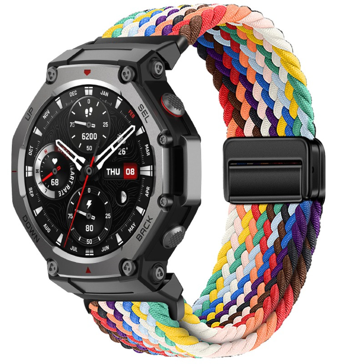 Uno smartwatch con un cinturino intrecciato multicolore. Il quadrante mostra dati, inclusi frequenza cardiaca e ora. Il cinturino ha una chiusura nera.