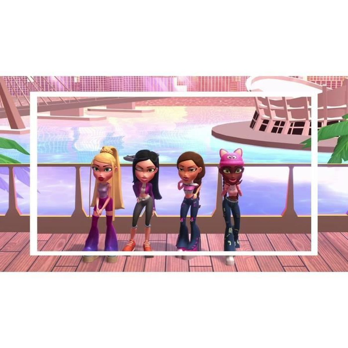 Vier Bratz-Puppen stehen auf einem Deck. Sie tragen stilvolle Kleidung und haben unterschiedliche Hauttöne und Frisuren. Der Hintergrund zeigt ein modernes Gebäude.