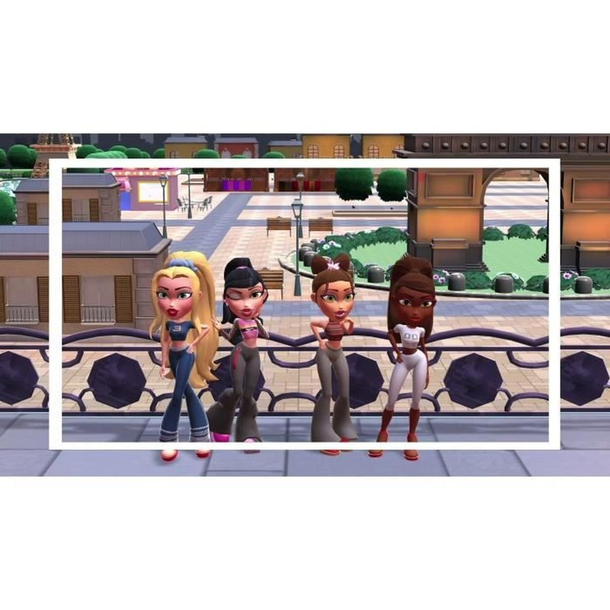 Vier Bratz-Puppen stehen auf einem Balkon mit Stadtkulisse. Sie tragen stilvolle Outfits und haben unterschiedliche Frisuren.