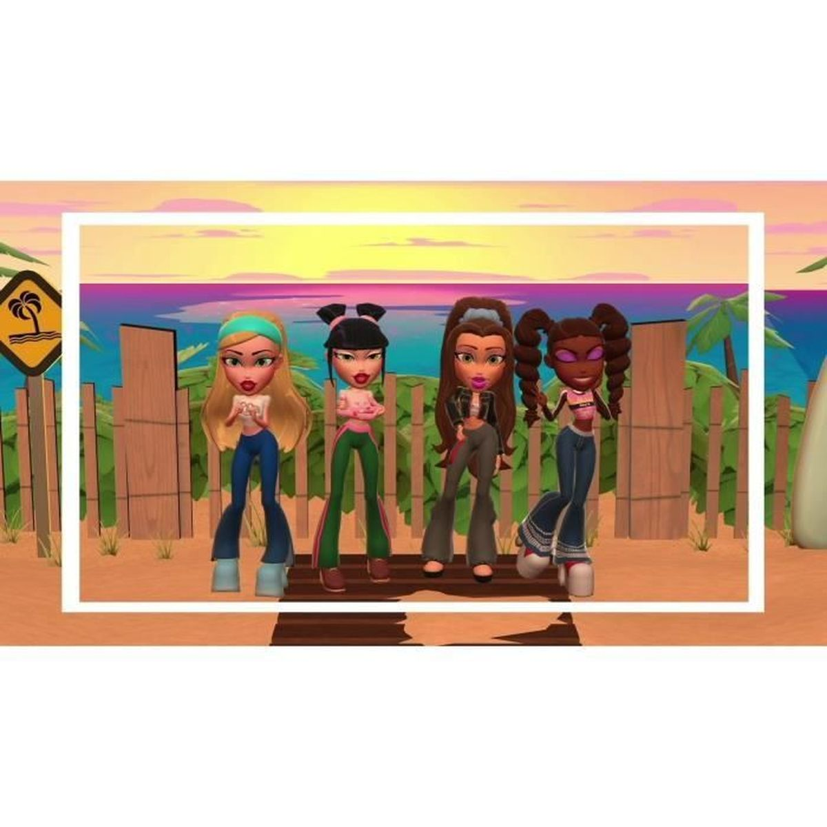 Vier animierte Bratz-Puppen stehen vor einer Strandszene, jede mit einzigartigen Frisuren und Outfits, einem Strandschild und einem Sonnenuntergangshintergrund.