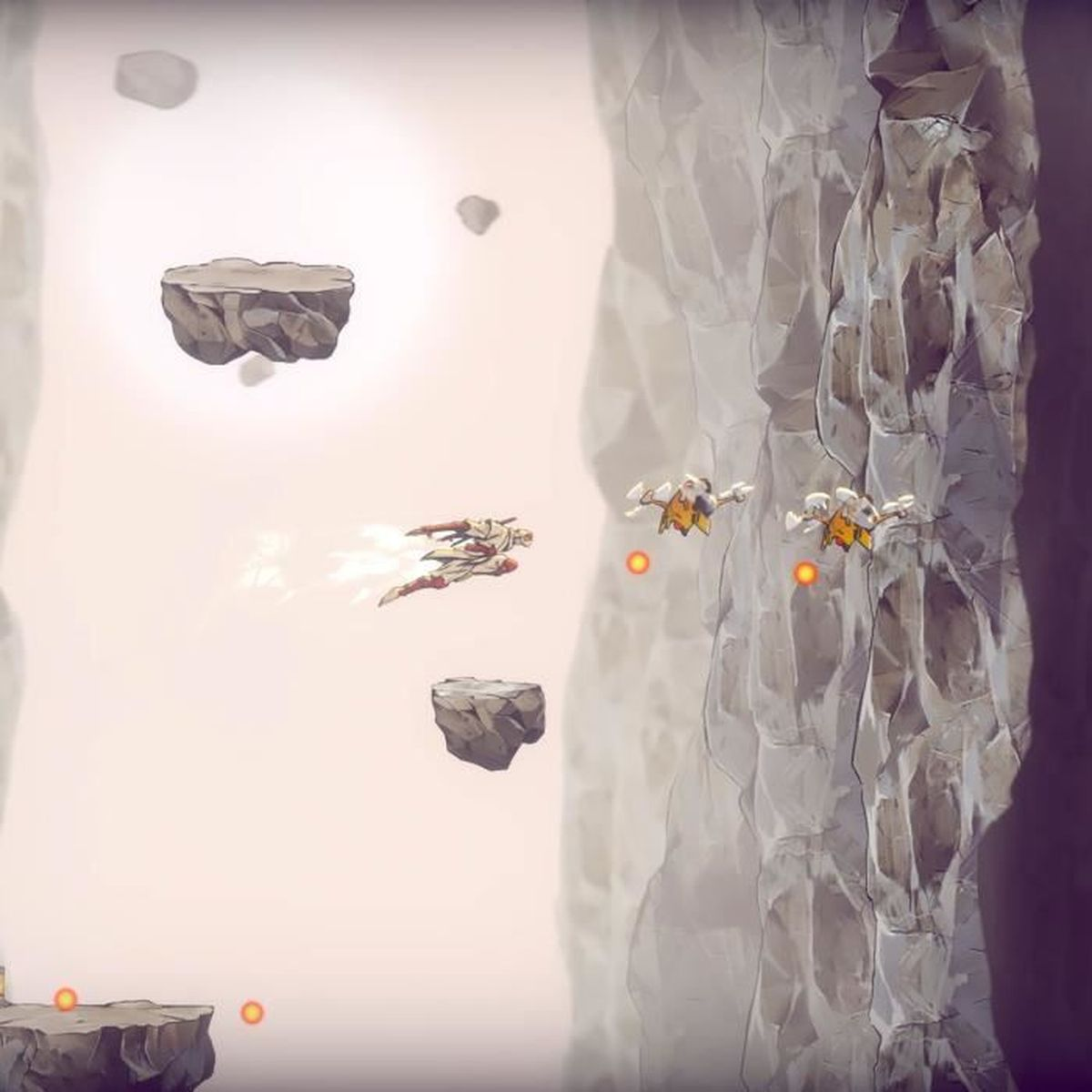 Una scena di gioco con robot volanti e piattaforme. Una scogliera rocciosa è a destra. Alcuni oggetti fluttuano nell'aria.