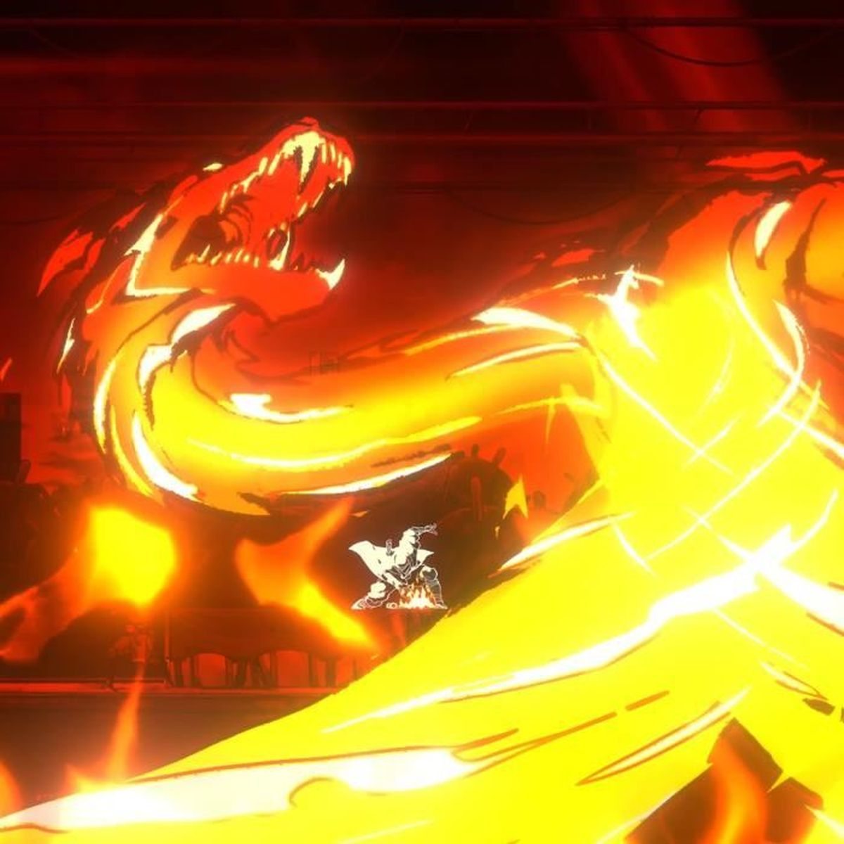Un drago infuocato sputa fiamme, il suo corpo arancione e rosso è prominente. Una figura è vicino alle fiamme, circondata dal fuoco.