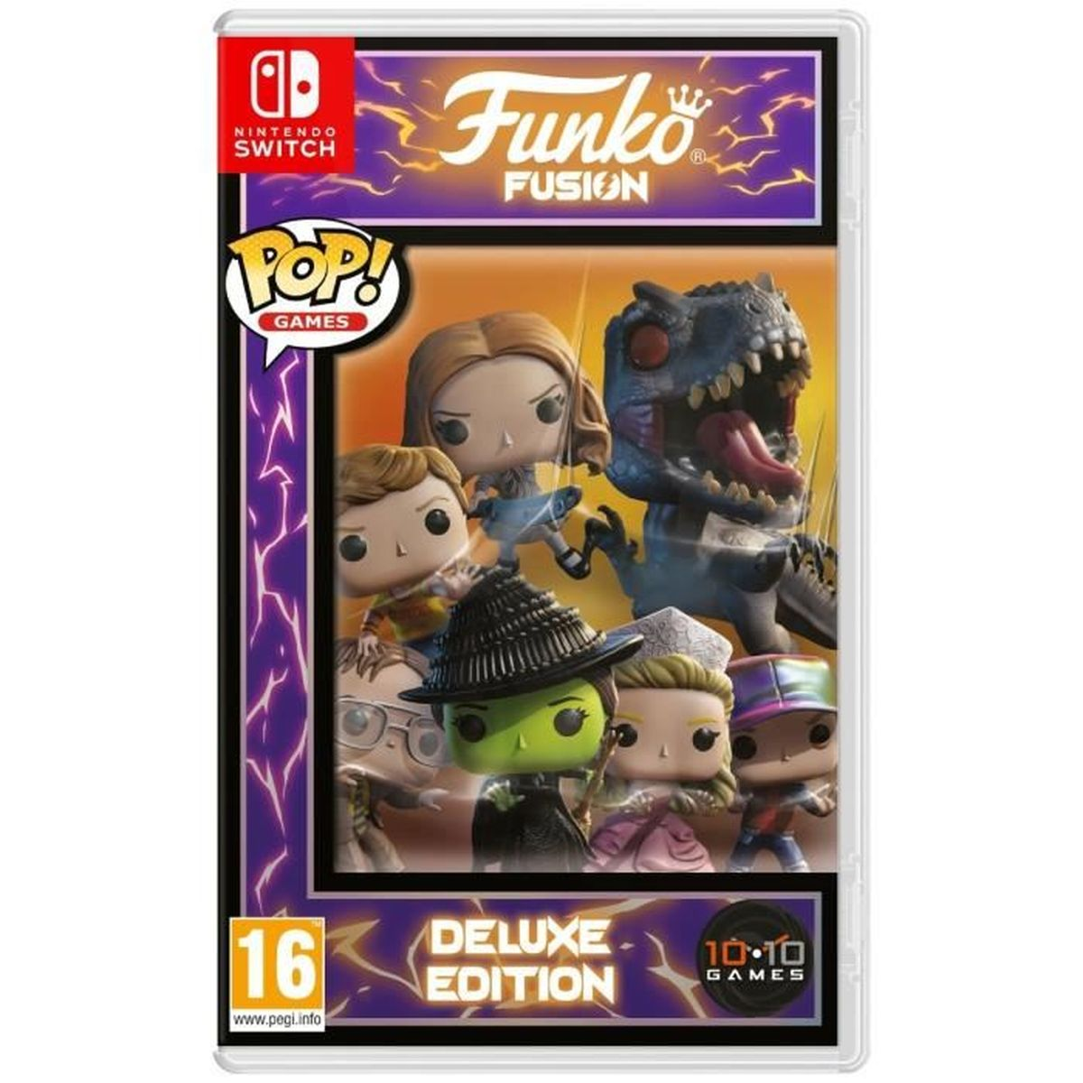 Custodia del gioco Funko Fusion. Presenta figure Pop! tra cui un dinosauro, una strega e altri personaggi. Deluxe Edition, Nintendo Switch.