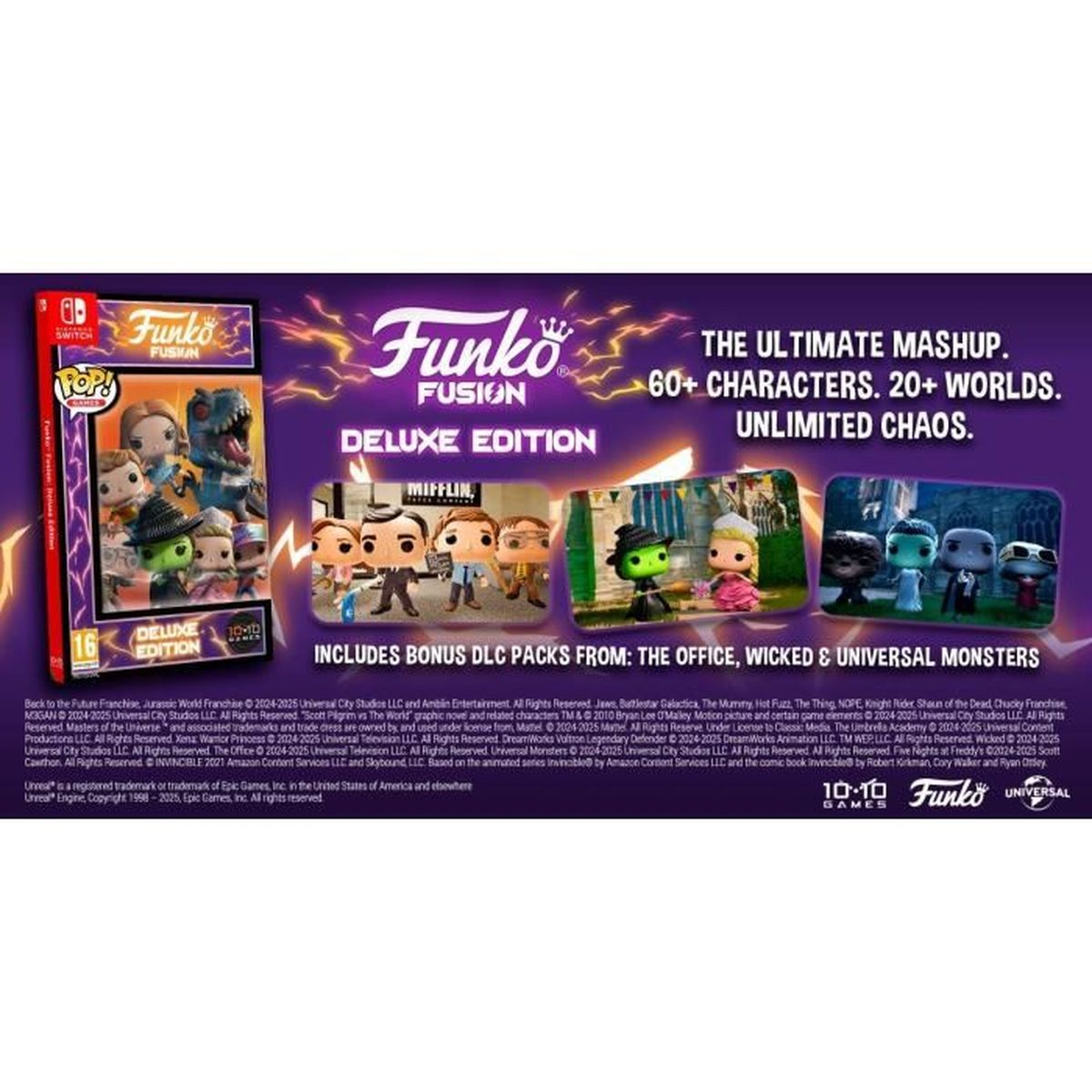 Scatola del gioco Funko Fusion. Personaggi da The Office, Wicked e Universal Monsters. Edizione Deluxe con oltre 60.