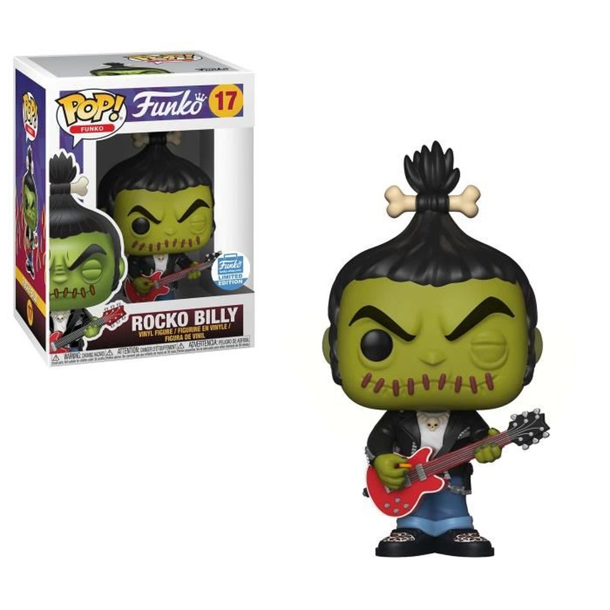 Una figura Funko Pop di Rocko Billy, un personaggio dalla pelle verde con capelli neri, una chitarra e cuciture. È un'edizione limitata.