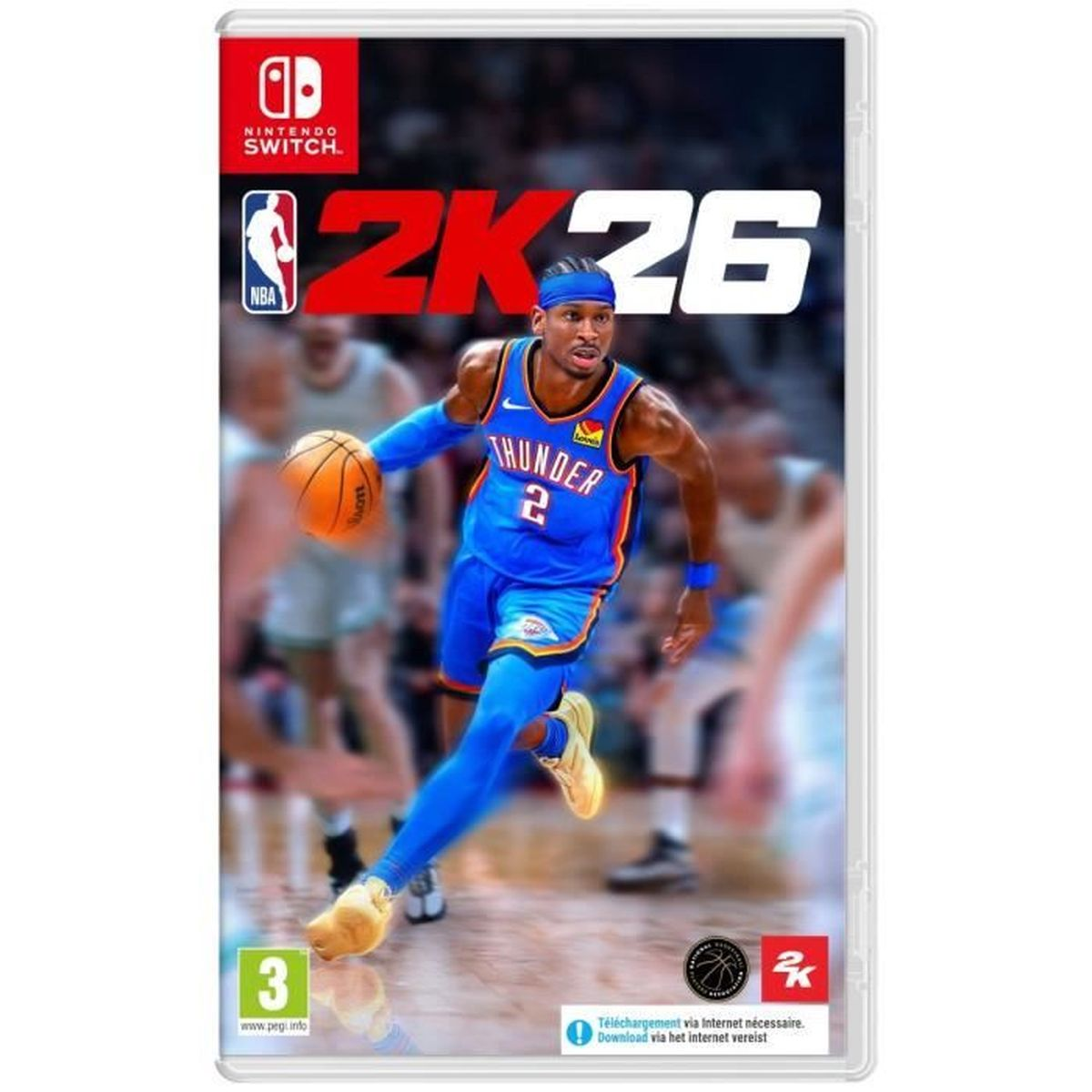 Copertina di NBA 2K26 per Nintendo Switch. Un giocatore di basket in uniforme blu palleggia. Sfondo con campo e pubblico sfocati.