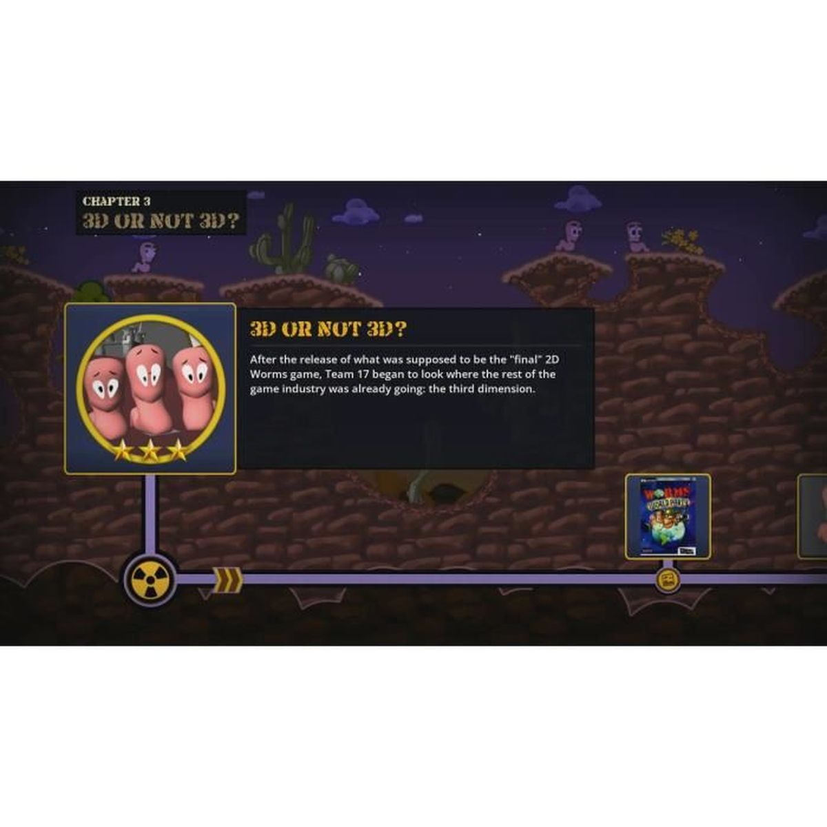 Spielszenen mit rosa Würmern in einem Kreis, Text '3D oder nicht 3D?' und eine Landschaft mit wurmartigen Kreaturen.