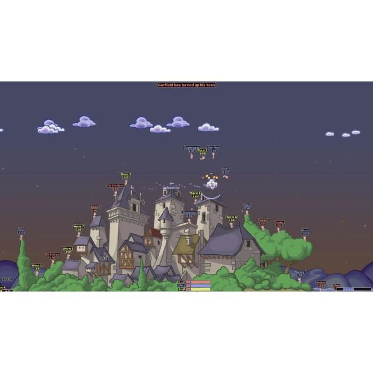 Eine Zeichentrickszene mit einer Burg, Würmern und Wolken. Oben steht: 'Garfield hat die Zehen hochgezogen'.