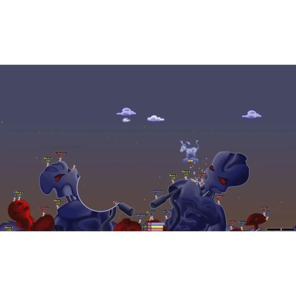 Scena z gry wideo z postaciami z kreskówek. Niebieskie postacie z czerwonymi oczami na krajobrazie. Osioł unosi się w powietrzu. Czerwone grzyby.