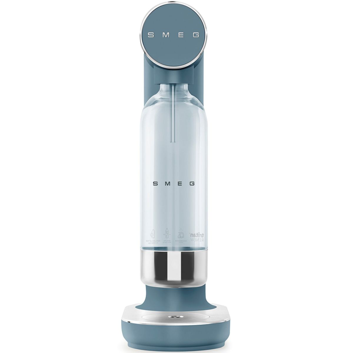 Ein blauer SMEG-Soda-Maker. Er hat eine transparente Flasche in der Mitte. Die Basis und die Oberseite sind blau, mit silbernen Akzenten. Das SMEG-Logo ist sichtbar.