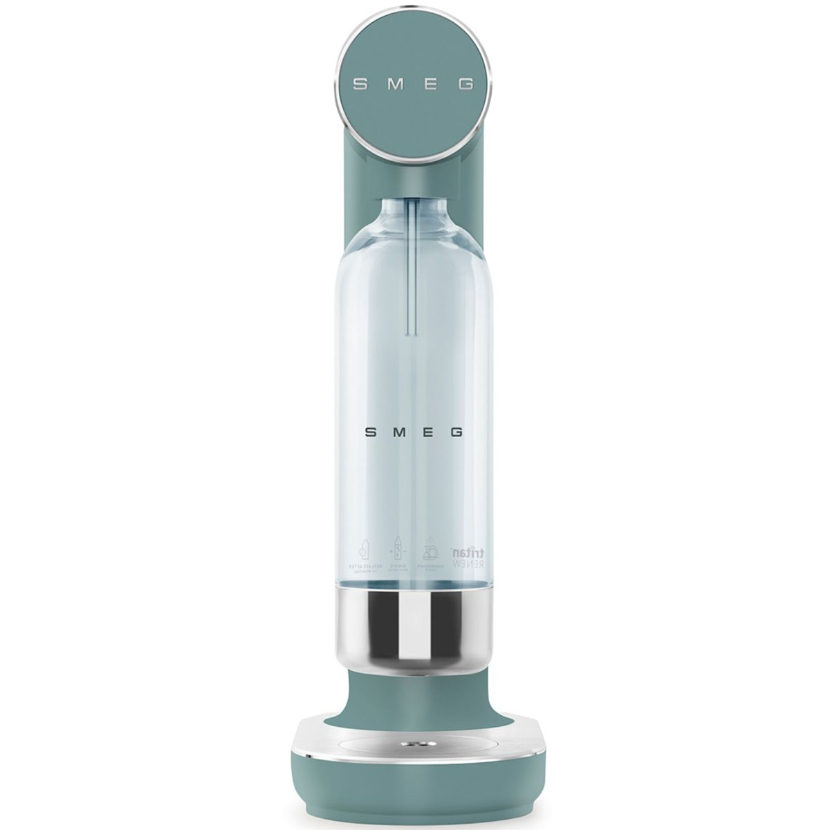 Ein türkisfarbener SMEG-Soda-Maker. In der Mitte befindet sich eine durchsichtige Flasche, ein runder Deckel und ein silberner Sockel. Das SMEG-Logo ist sichtbar.