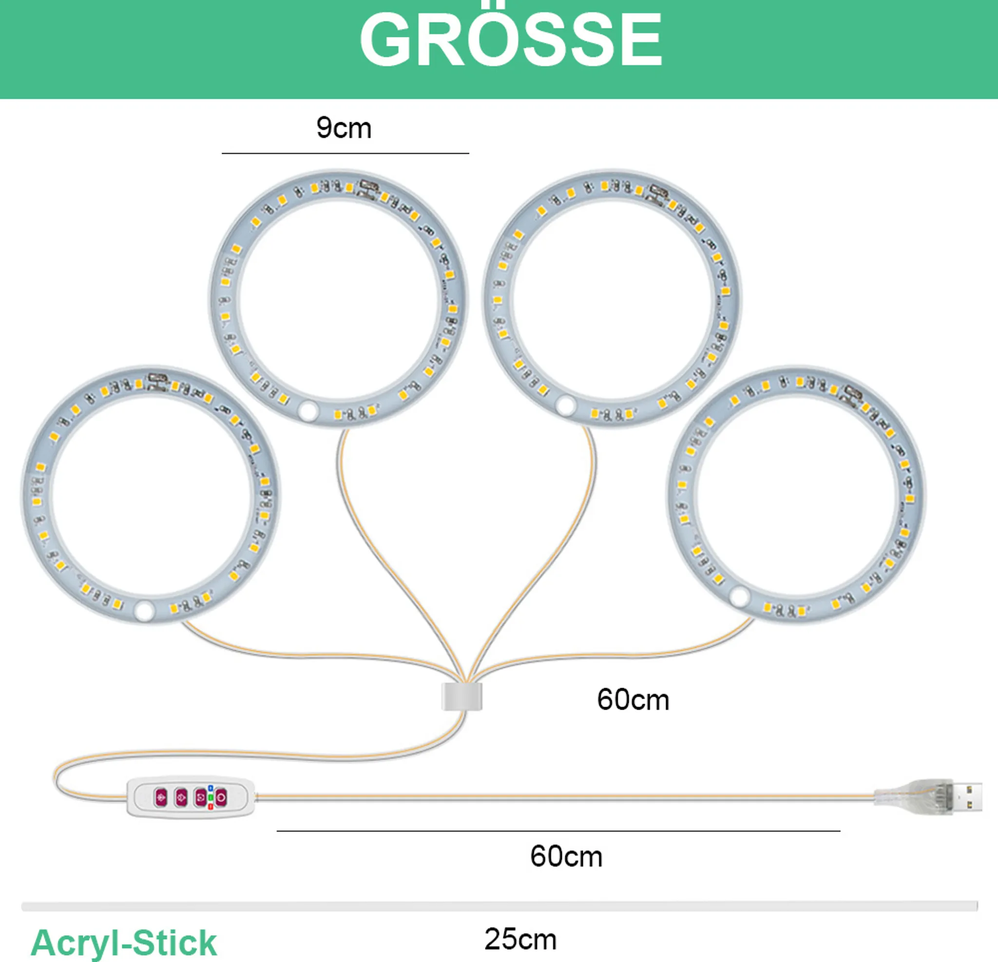 Vier LED-Ringlichter, die durch Drähte mit einem Bedienfeld und einem USB-Stecker verbunden sind, mit Größenangaben und dem Wort 'Grösse'.
