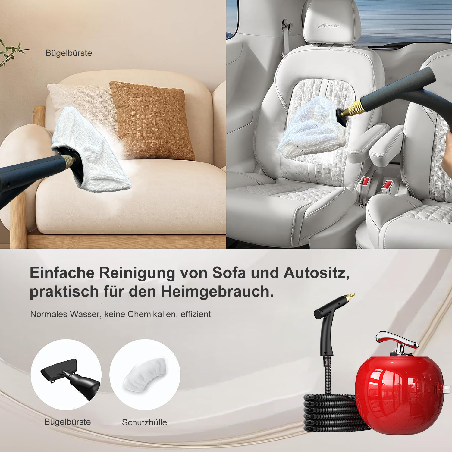 Das Bild zeigt einen Dampfreiniger, der auf einem Sofa und einem Autositz verwendet wird. Es hat eine rote Basis und eine schwarze Düse und ein weißes Tuch.