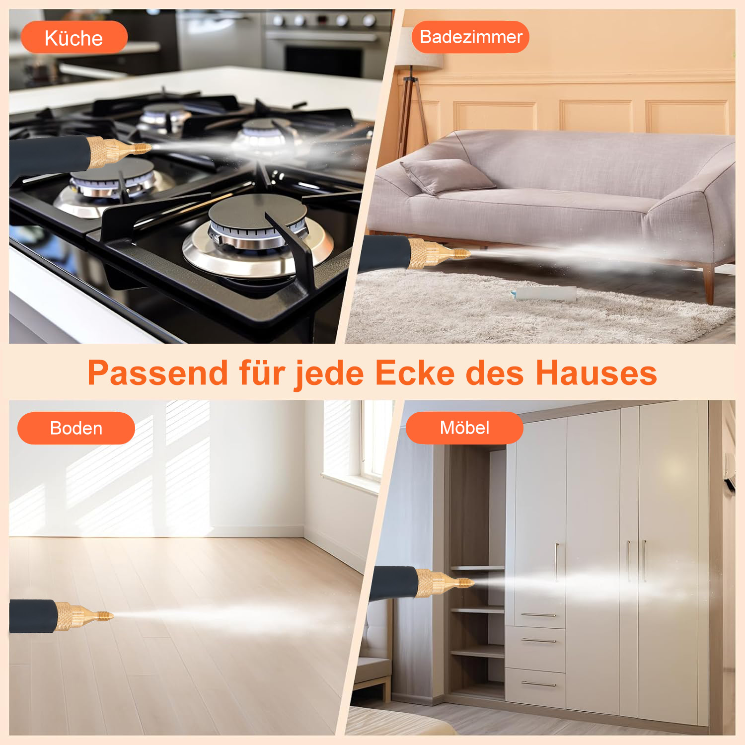 Das Bild zeigt ein Reinigungsgerät, das in verschiedenen Bereichen des Hauses sprüht: Küchenherd, Badezimmer-Sofa, Boden und Kleiderschrank.