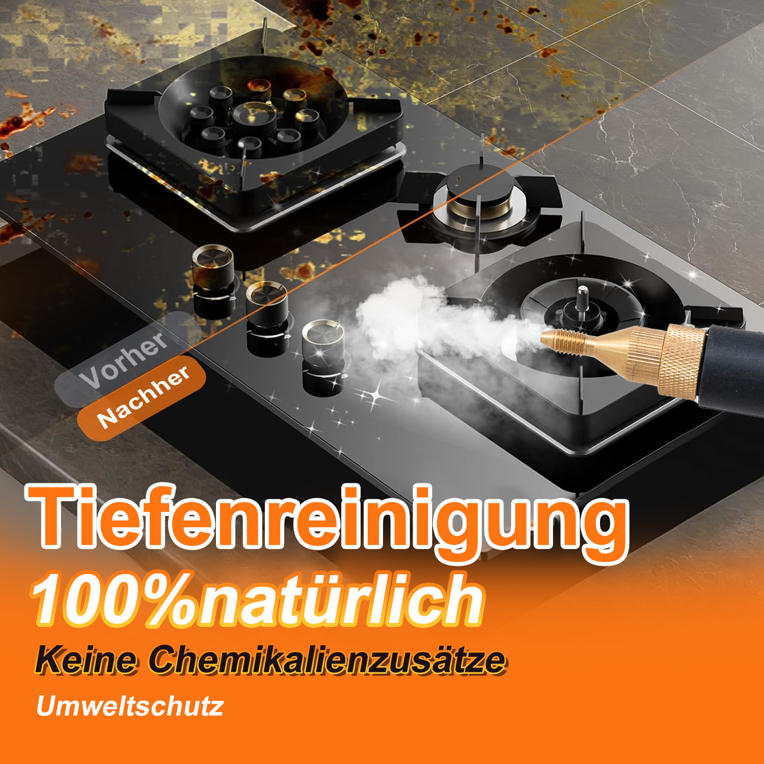 Ein Kochfeld, vor und nach der Reinigung. Schmutziger Brenner links, sauberer Brenner rechts. Dampf tritt aus dem Reinigungswerkzeug aus.