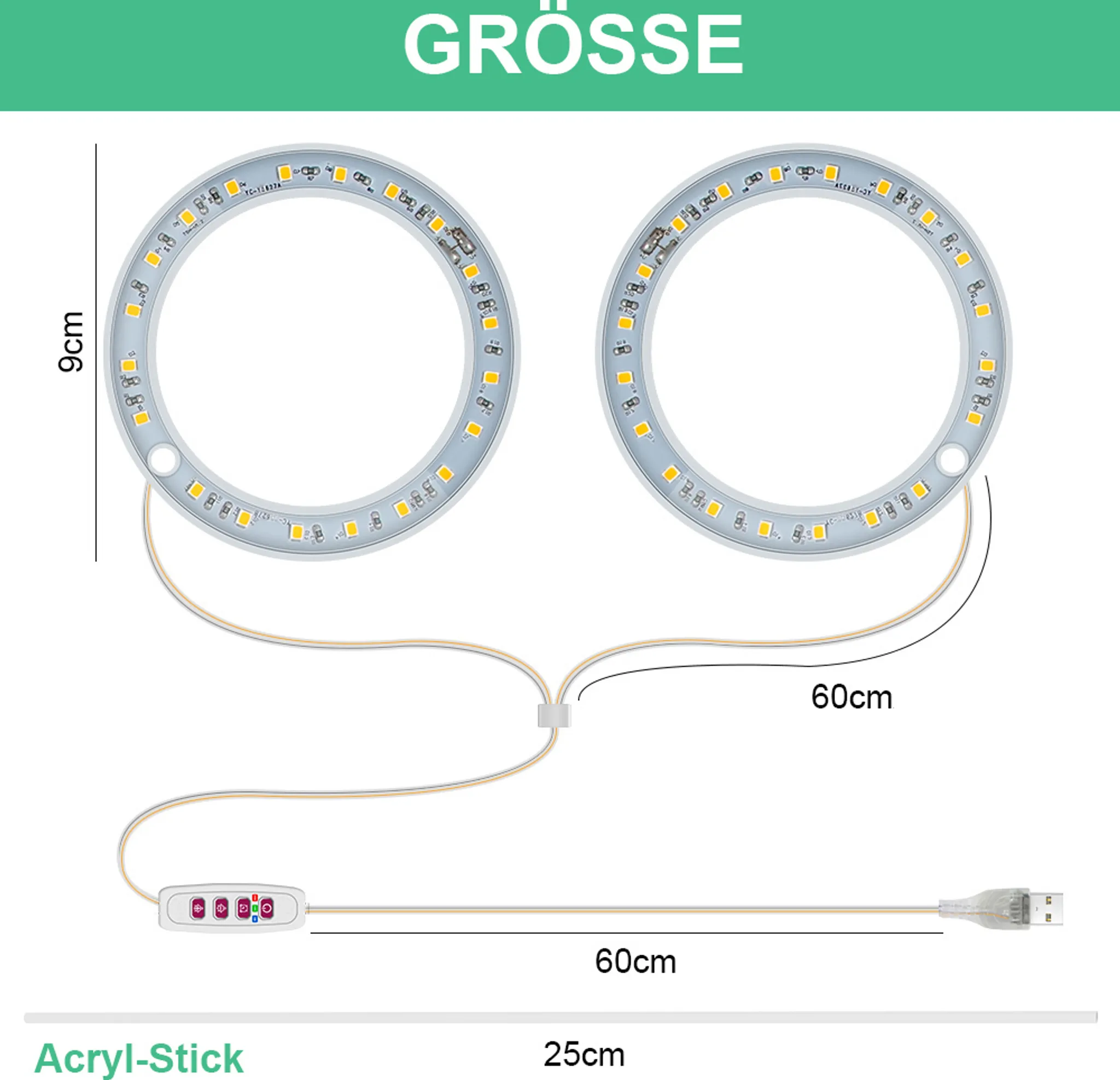 Zwei LED-Ringlichter, verbunden mit Drähten, einem Bedienfeld und einem USB-Stecker. Abmessungen angegeben.