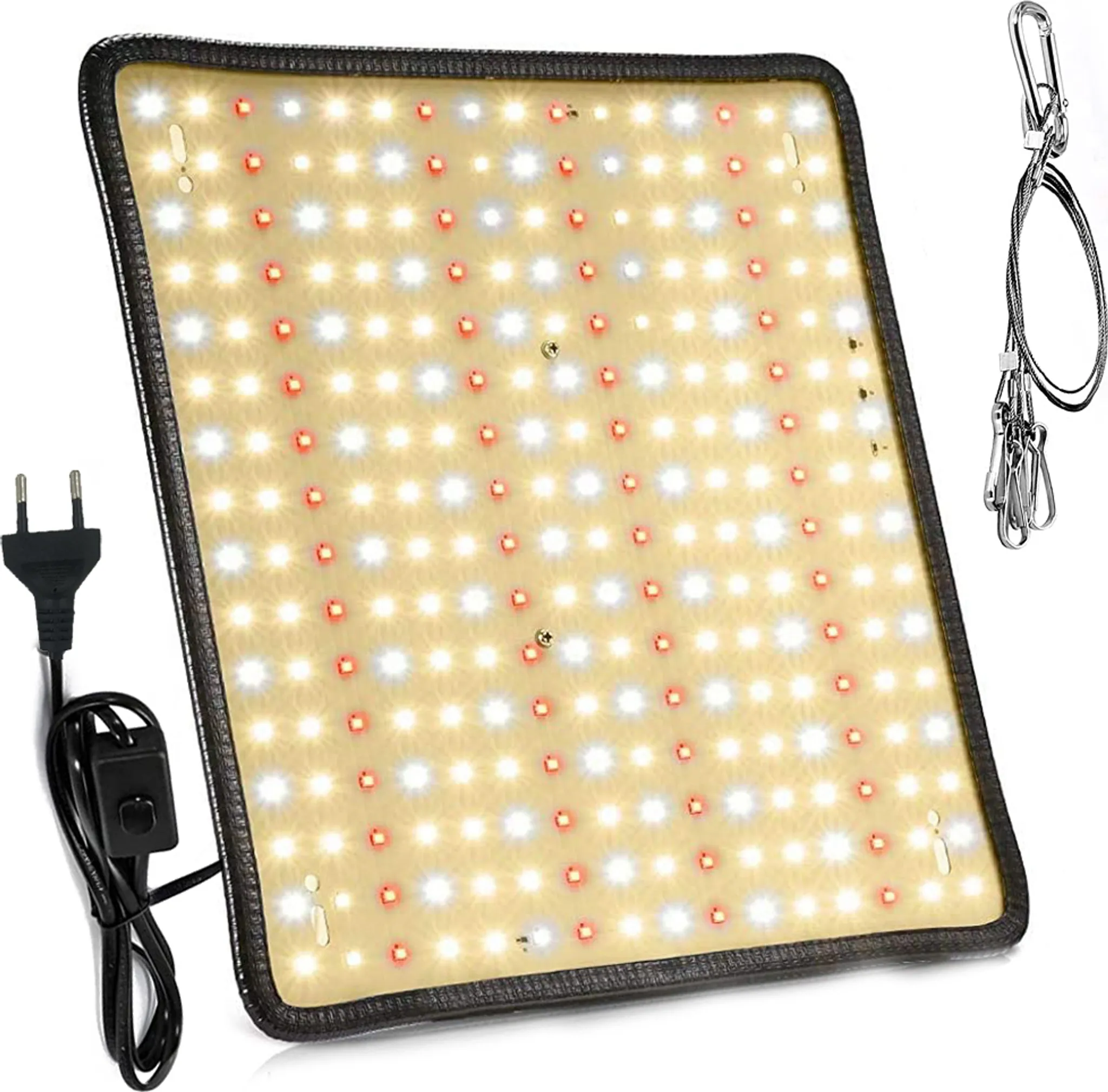 LED-Pflanzenlicht mit weißen, roten LEDs, schwarzem Rand, Netzkabel, Hängedrähten. Helle Lichtanordnung für Pflanzenwachstum.
