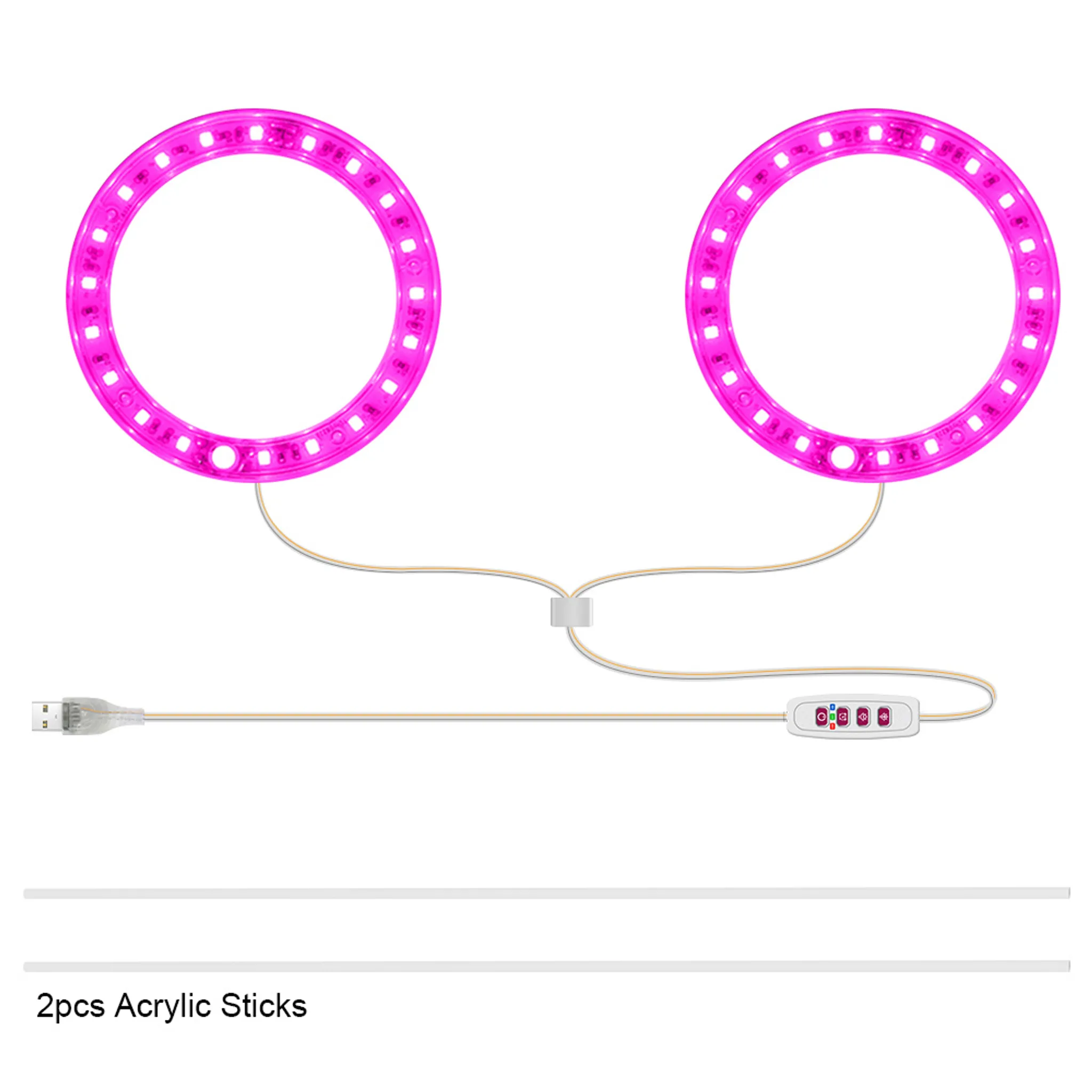 Zwei rosafarbene LED-Ringlichter, die durch Drähte mit einem USB-Stecker und einem Bedienfeld verbunden sind.