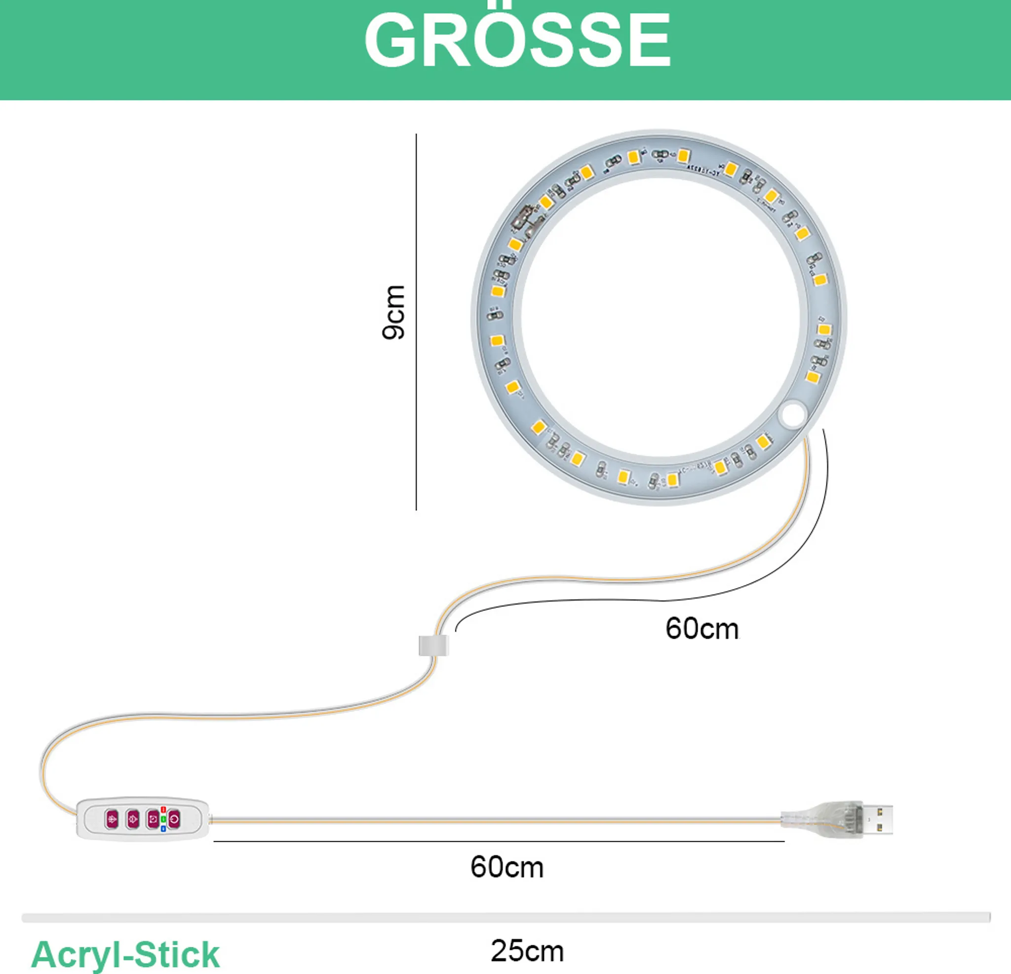 Eine kreisförmige LED-Leuchte mit Steuerbox und USB-Anschluss. Abmessungen in cm: 9 cm Durchmesser, 60 cm Draht, 25 cm lang.
