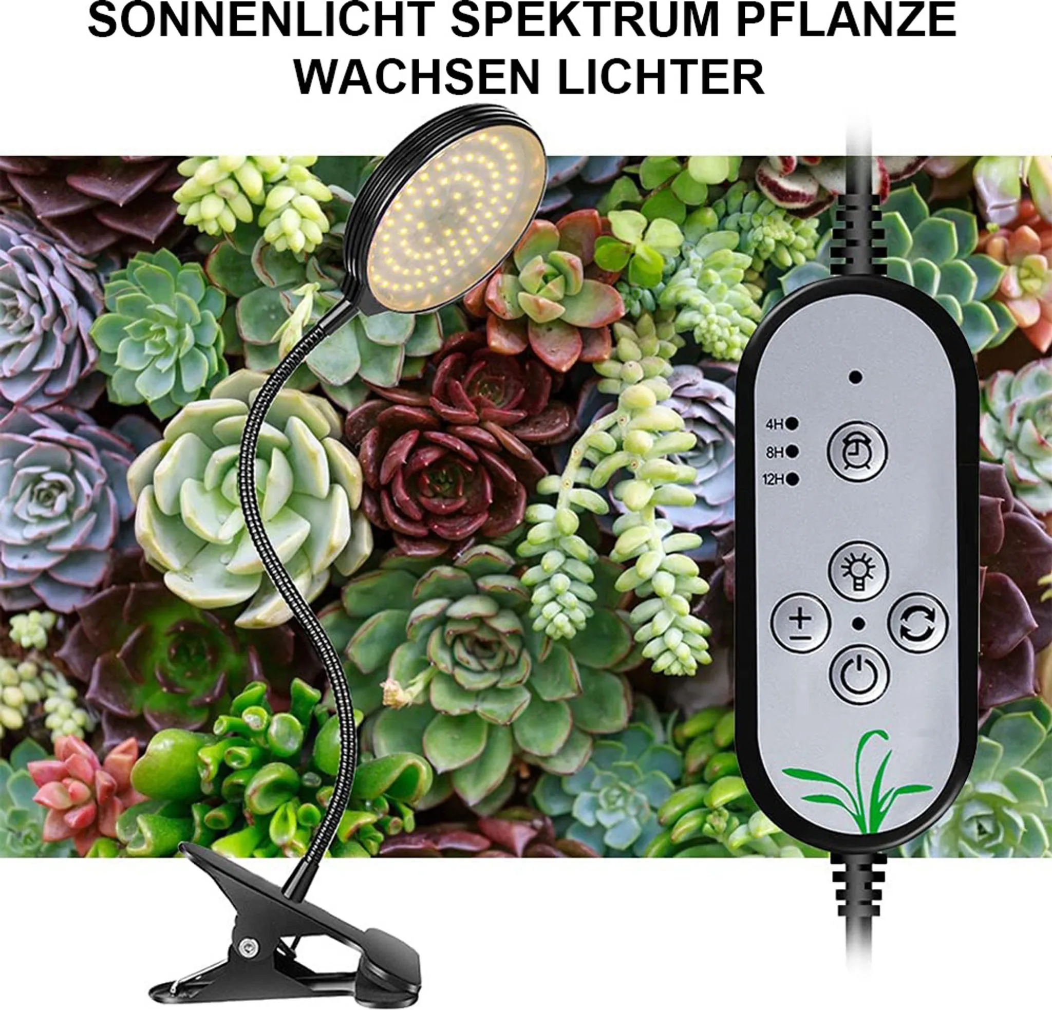 Eine Pflanzenlampe mit flexiblem Hals und Bedienfeld beleuchtet Sukkulenten. Der Hintergrund ist mit verschiedenen Sukkulenten gefüllt.