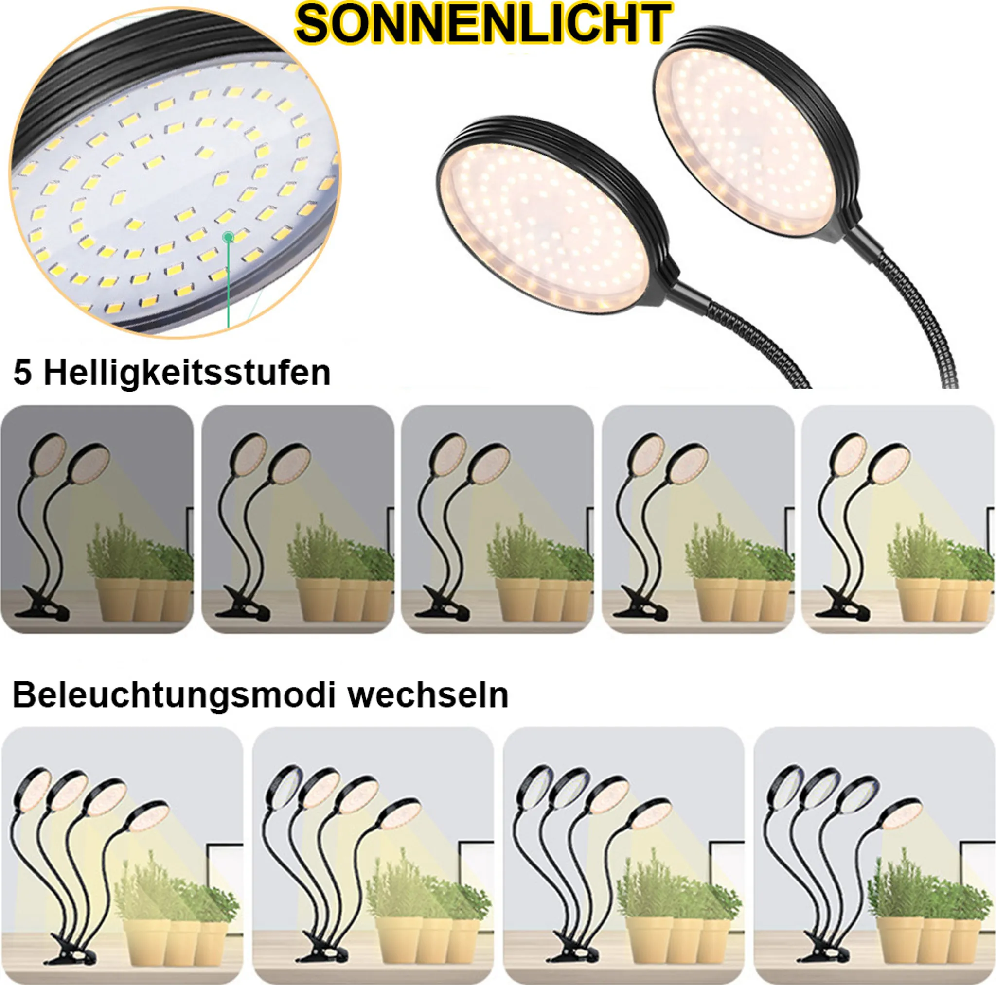 Ein Bild zeigt zwei LED-Pflanzenlampen über Pflanzen. Das Bild zeigt Helligkeitsstufen und Beleuchtungsmodi.