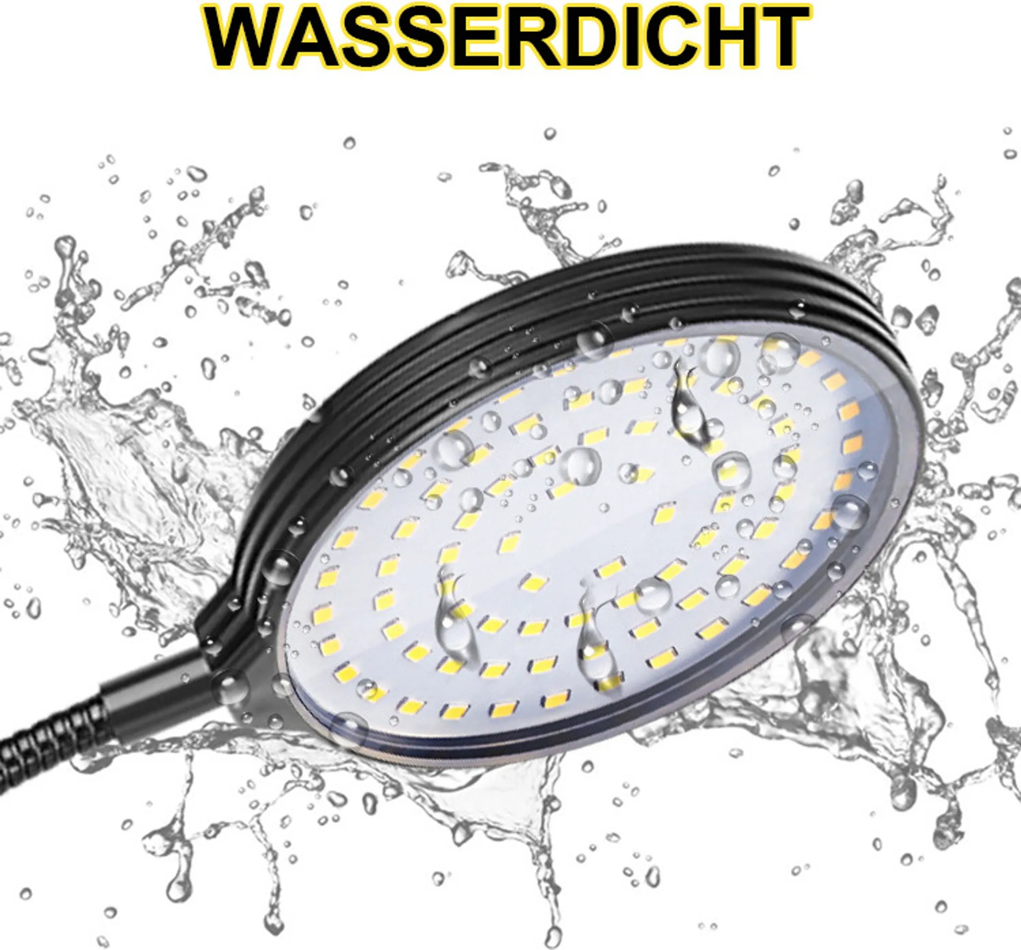 Eine schwarze LED-Lampe mit Wassertropfen und -spritzern. Das Wort 'WASSERDICHT' steht oben.