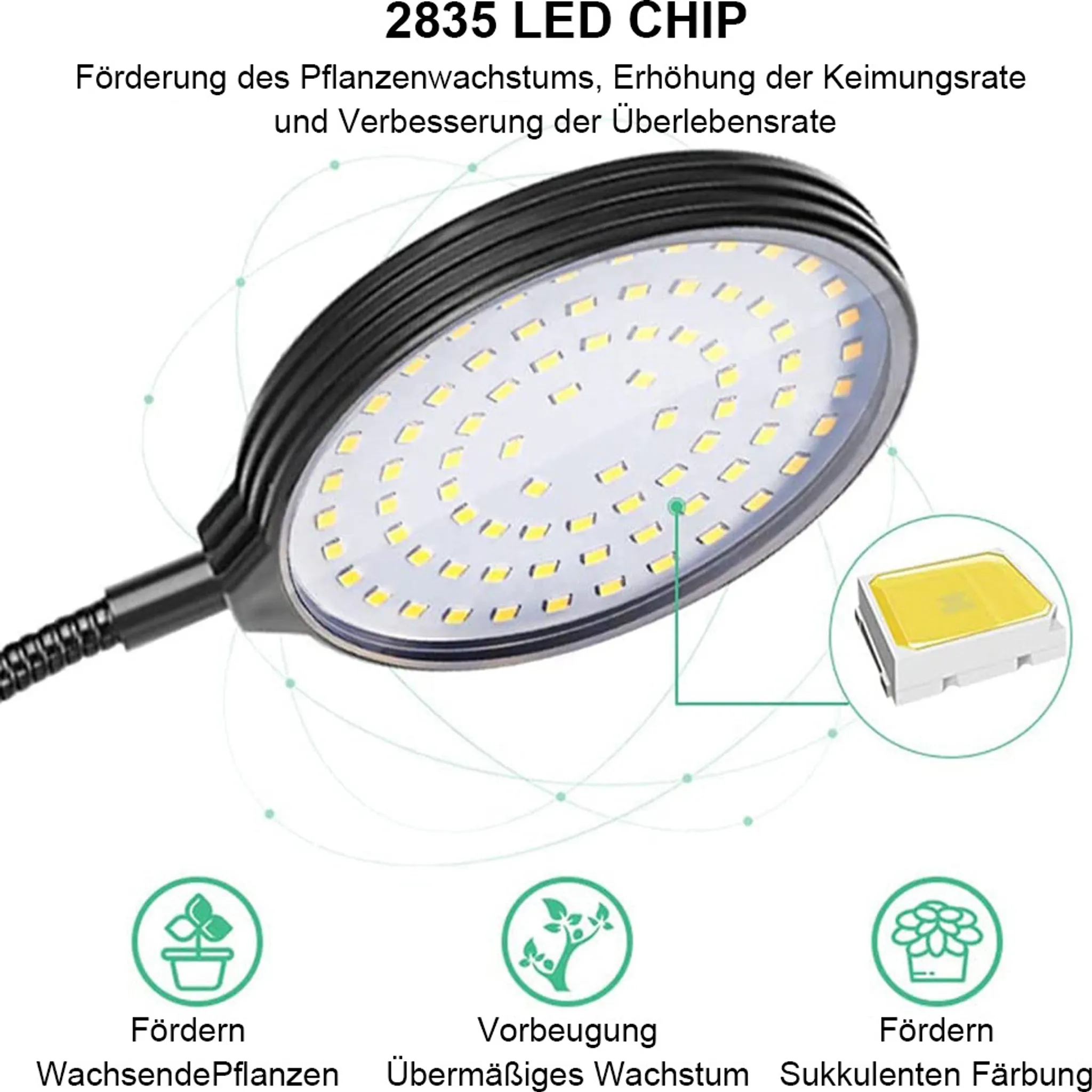 Eine LED-Pflanzenlampe mit einem schwarzen, flexiblen Arm und einer Nahaufnahme eines LED-Chips. Text über Pflanzenwachstum.